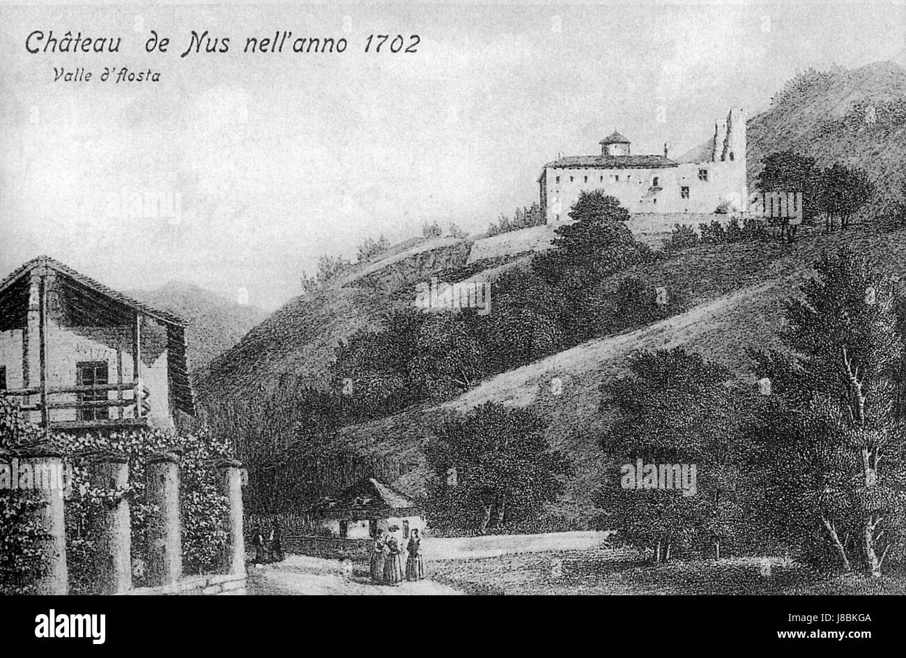 Die „Incisione del XIX Castello di NUS“ bezieht sich auf einen Stich der Burg von NUS aus dem 19. Jahrhundert, einer historischen Festung in Italien, die architektonische Details zeigt. Stockfoto