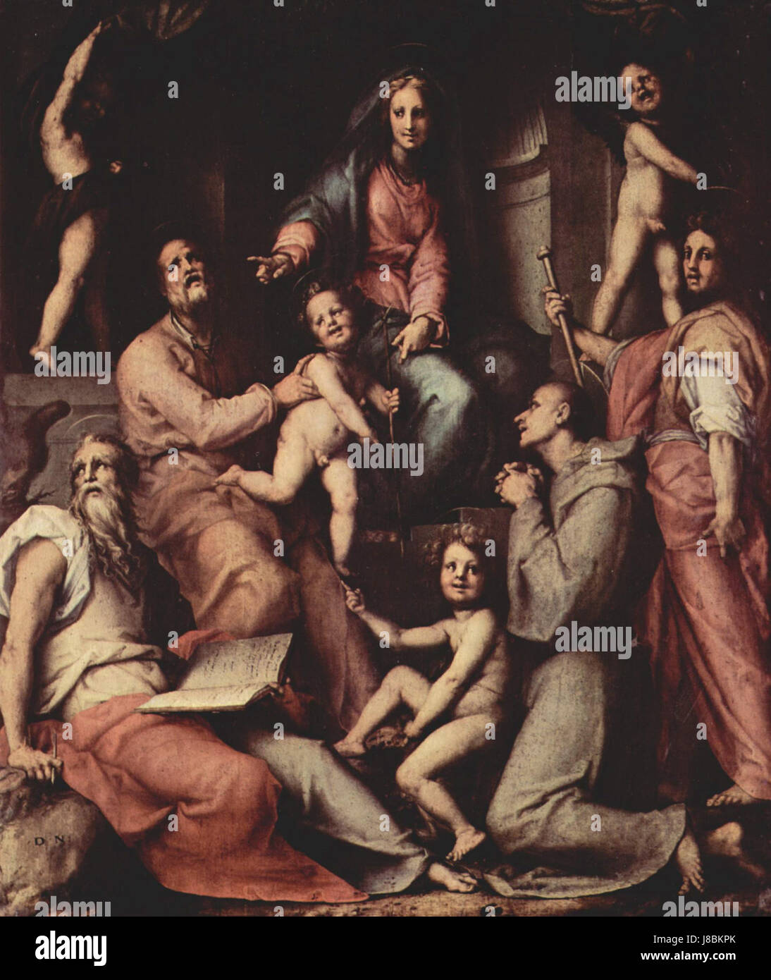 Jacopo Pontormos Kunstwerk „066“ veranschaulicht seine unverwechselbare Verwendung von Farbe und Form und verbindet Renaissance-Techniken mit emotionaler Intensität. Pontormos Stil ist bekannt für seine lebendigen Darstellungen und seinen innovativen Ansatz zu religiösen und humanistischen Themen und beeinflusste die Entwicklung des Manierismus. Stockfoto