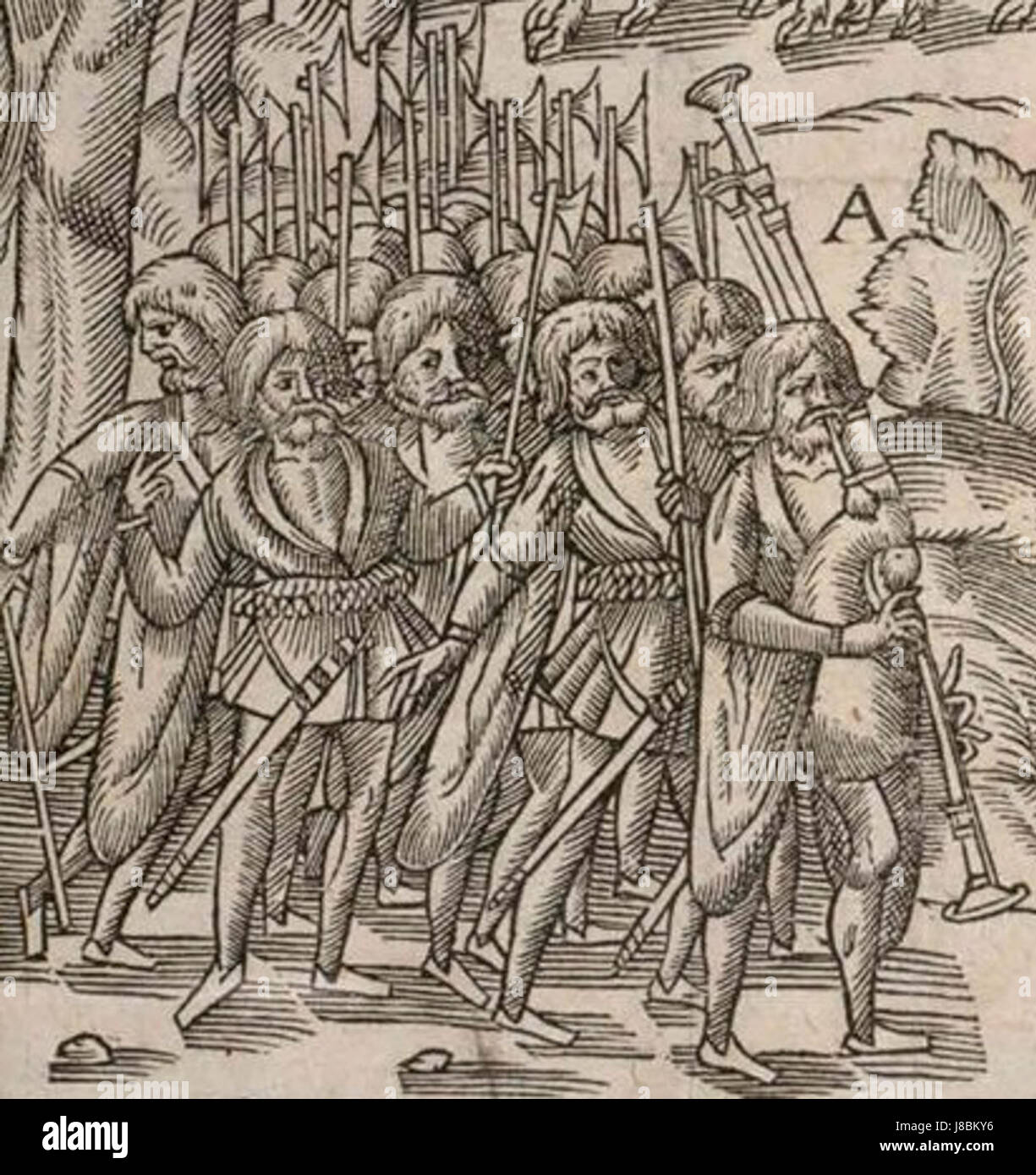 Die Darstellung irischer Piper aus dem Jahr 1581 beleuchtet die traditionelle irische Musik und konzentriert sich auf die Rolle der Piper in der irischen Kultur des 16. Jahrhunderts. Das Bild dient als visuelle Darstellung der kulturellen Bedeutung der Musik in Irland während dieser Zeit. Stockfoto