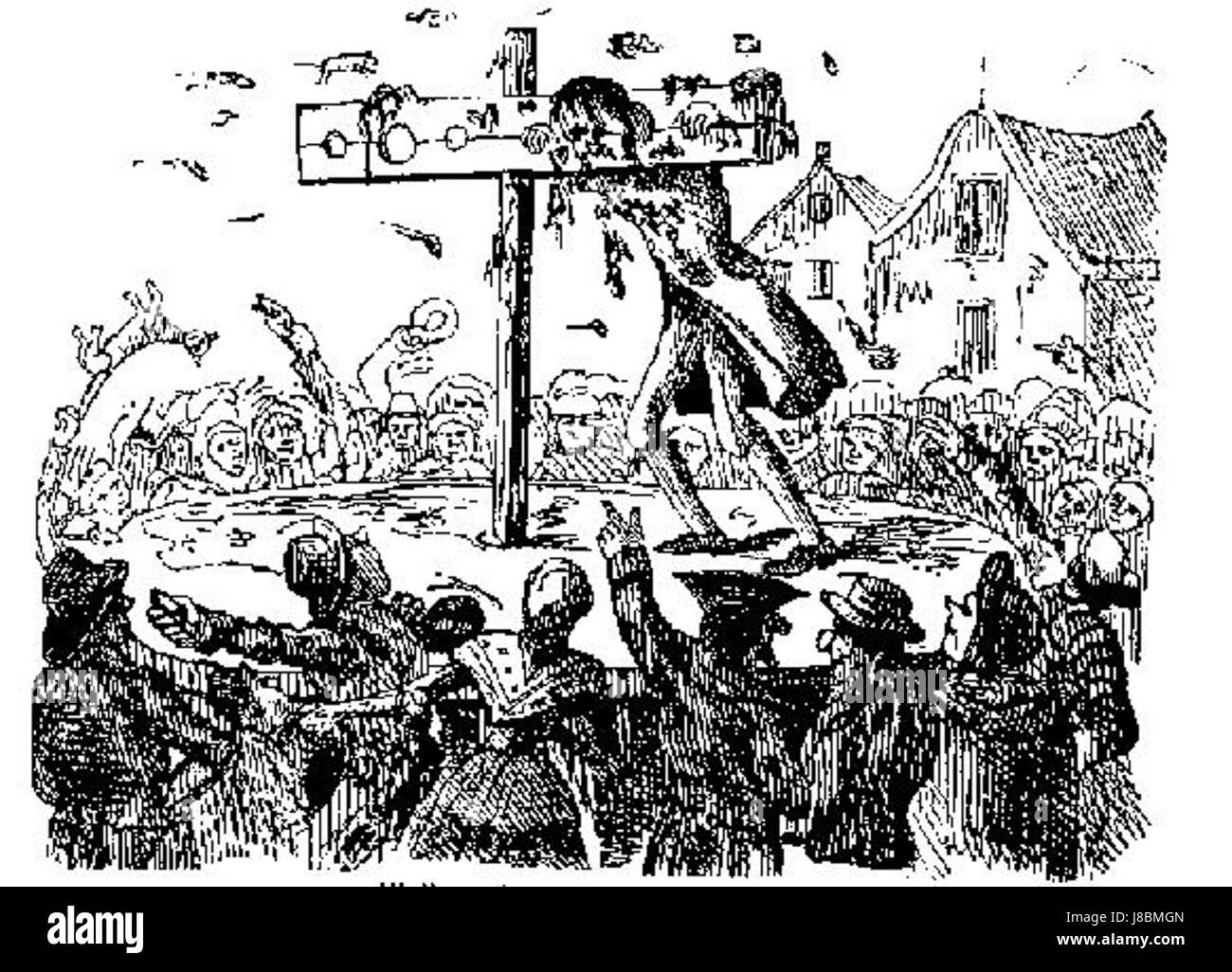 John Waller, dargestellt in einem Pranger, wurde im historischen England öffentlich bestraft. Der Pranger wurde im 17. Und 18. Jahrhundert als öffentliche Schande und Bestrafung genutzt. Stockfoto