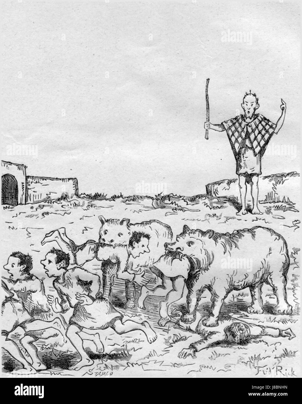 Dies bezieht sich auf eine Illustration aus der „amüsanten Bibel“ von Leo Taxil, die wahrscheinlich eine humorvolle oder satirische Interpretation religiöser Themen darstellt, die vom Künstler Fridrick geschaffen wurde. Stockfoto