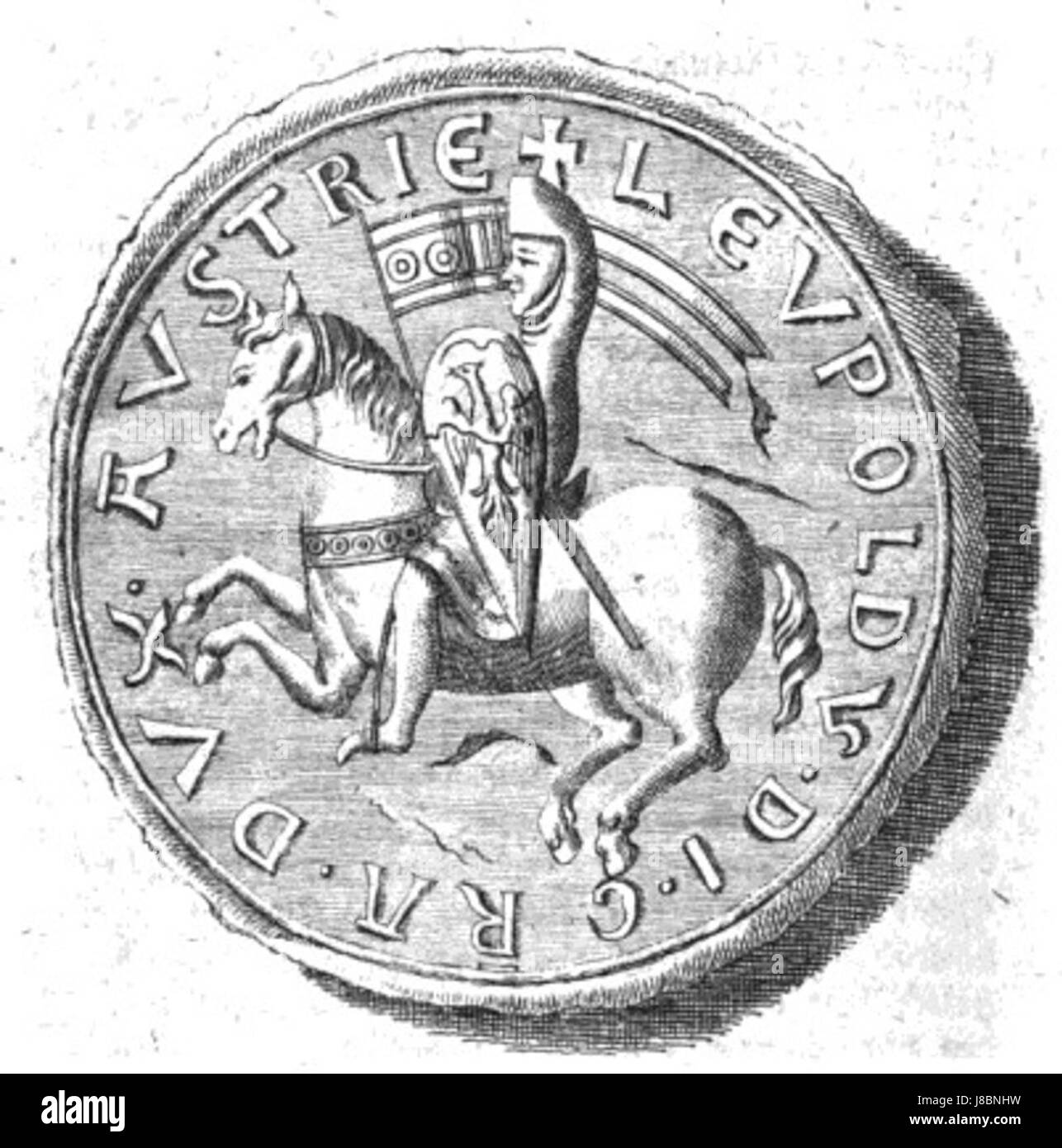 Leopold V. war eine historische Figur, die sich wahrscheinlich auf einen Herrscher oder Monarchen aus einer europäischen Region bezog, der möglicherweise mit der Habsburgerdynastie oder einem anderen Königshaus in Verbindung gebracht wurde. Der Titel bezieht sich auf seine Herrschaft oder historische Bedeutung. Stockfoto