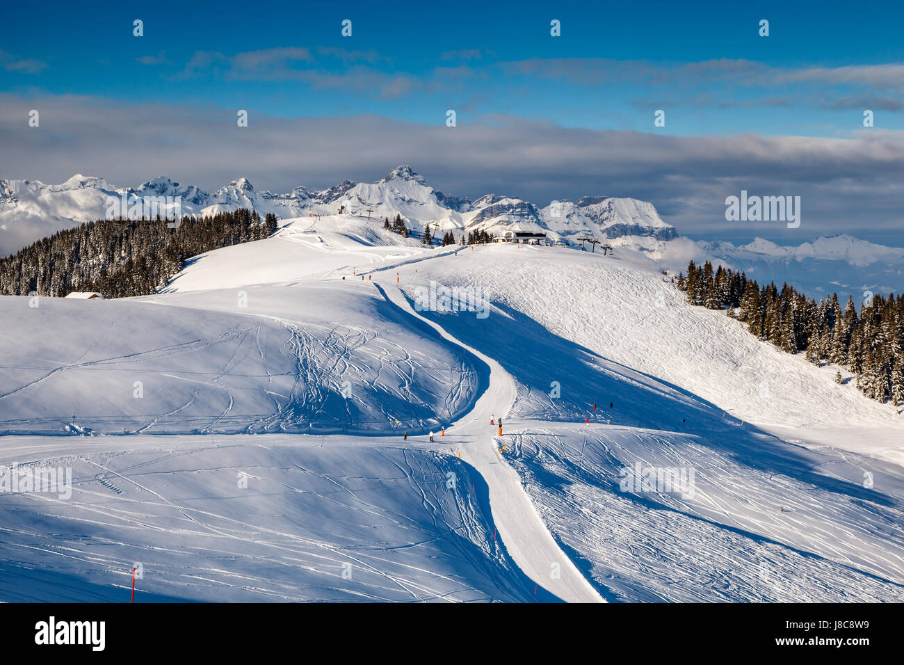 Skifahren und Snowboarden in den französischen Alpen, Megeve Stockfoto