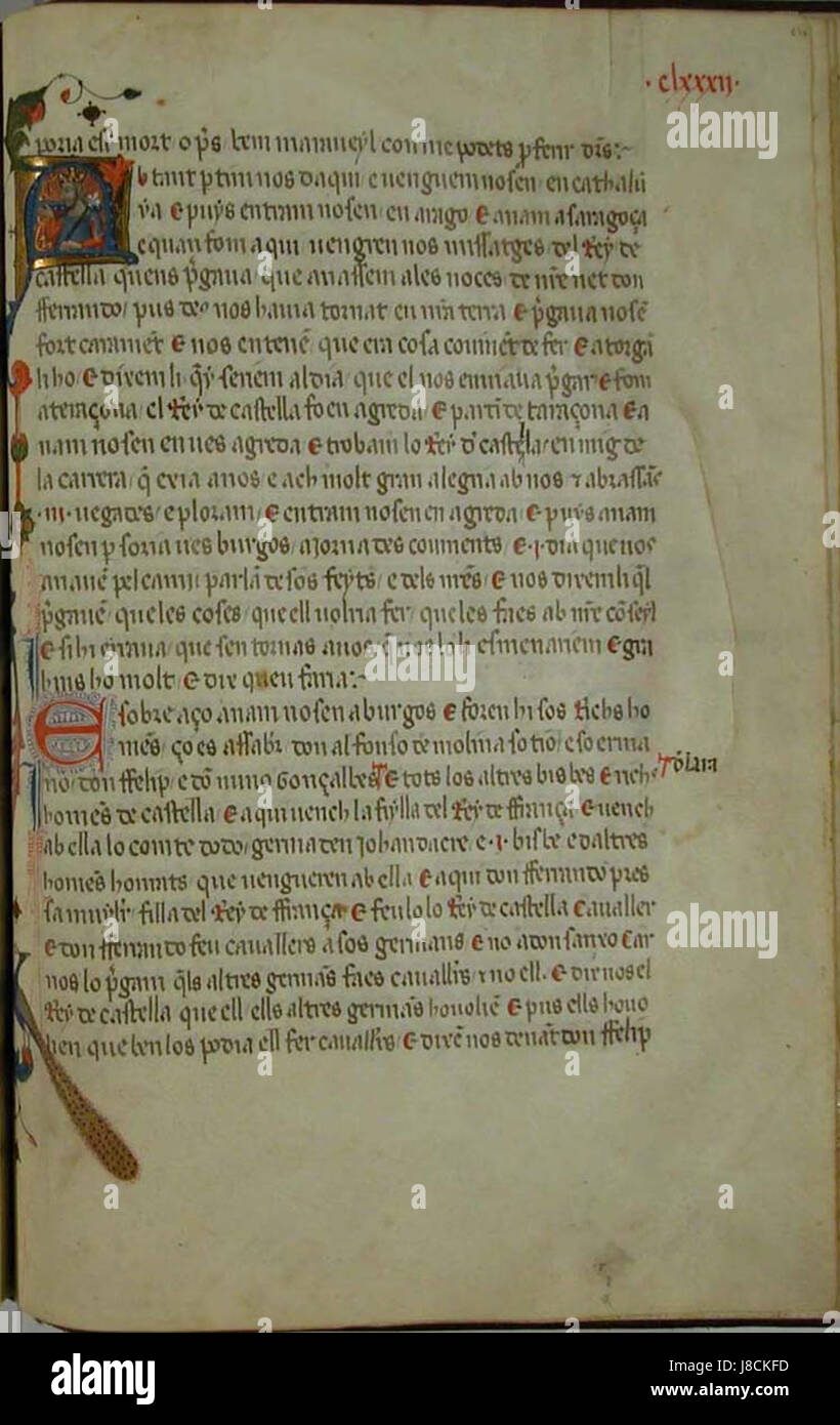 Der „Llibre dels Feyts“ ist eine mittelalterliche Chronik der Krone von Aragon, wobei CLXXXIIr ein Abschnitt darstellt, der wichtige Ereignisse und Figuren dieser Epoche dokumentiert. Stockfoto