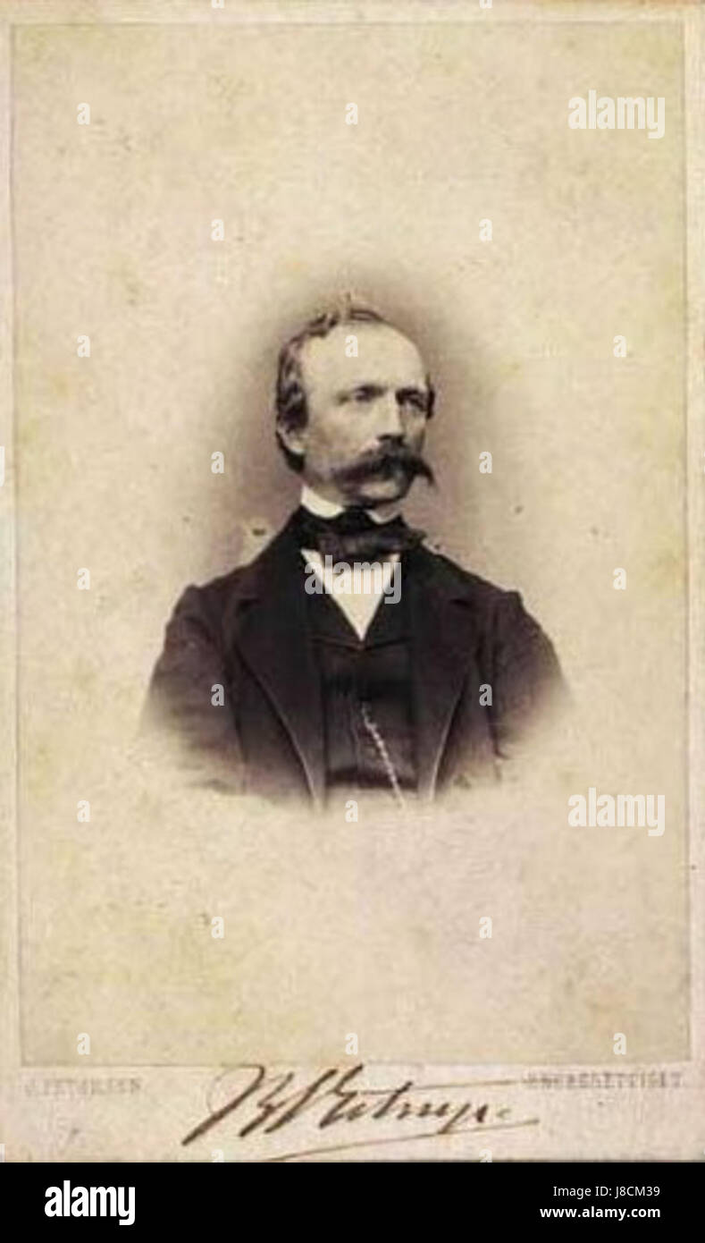 Foto oder Porträt von JBS Estrup, geschaffen vom Künstler Jens Petersen, mit der historischen Figur. Stockfoto