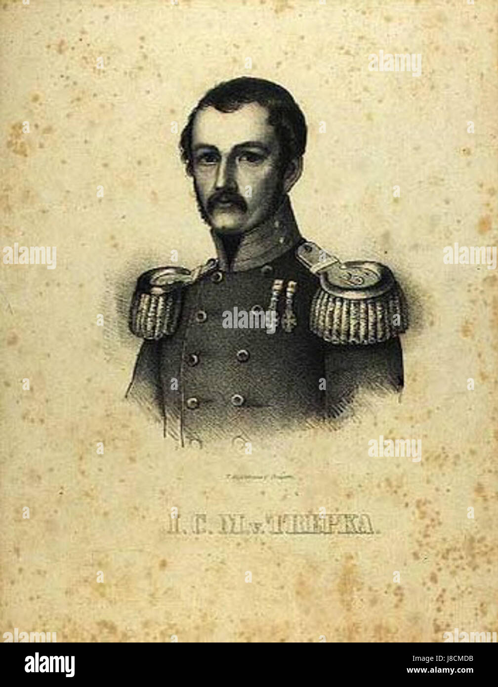 Johan Christian Matthias Trepka, ein deutscher Maler des 19. Jahrhunderts, war bekannt für seine Porträts und Landschaften. Seine Werke waren von der Romantik beeinflusst, und dieses Gemälde Hoffensbergs zeigt seinen detaillierten Stil und seine Verwendung von Licht und Schatten. Stockfoto