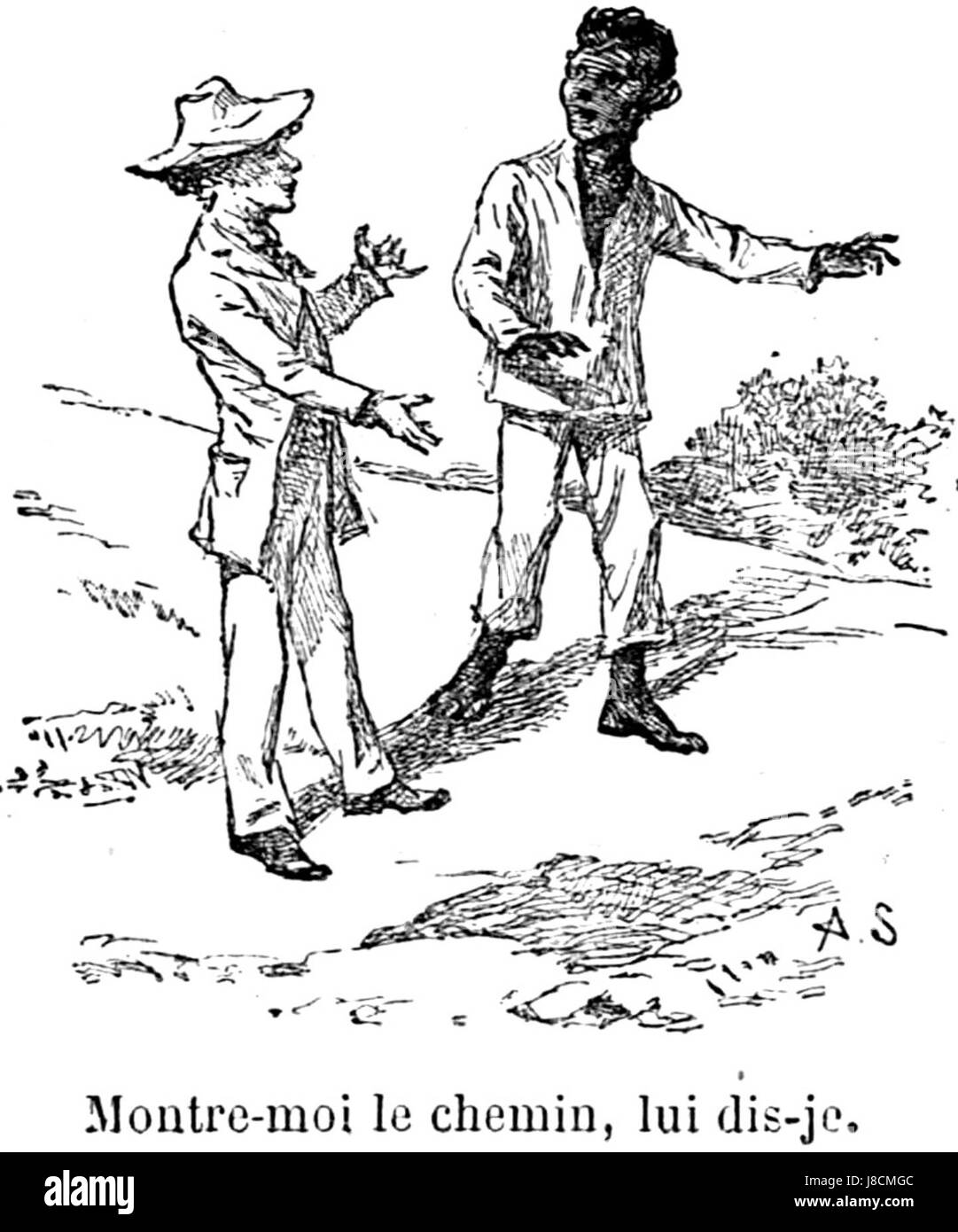 Diese Illustration begleitet die französische Ausgabe von Mark Twainâ Klassiker „Les Aventures de Huck Finn“. Das Buch beschreibt die Reise von Huck Finn entlang des Mississippi River und seine Abenteuer mit Jim, einem entflohenen Sklaven. Stockfoto