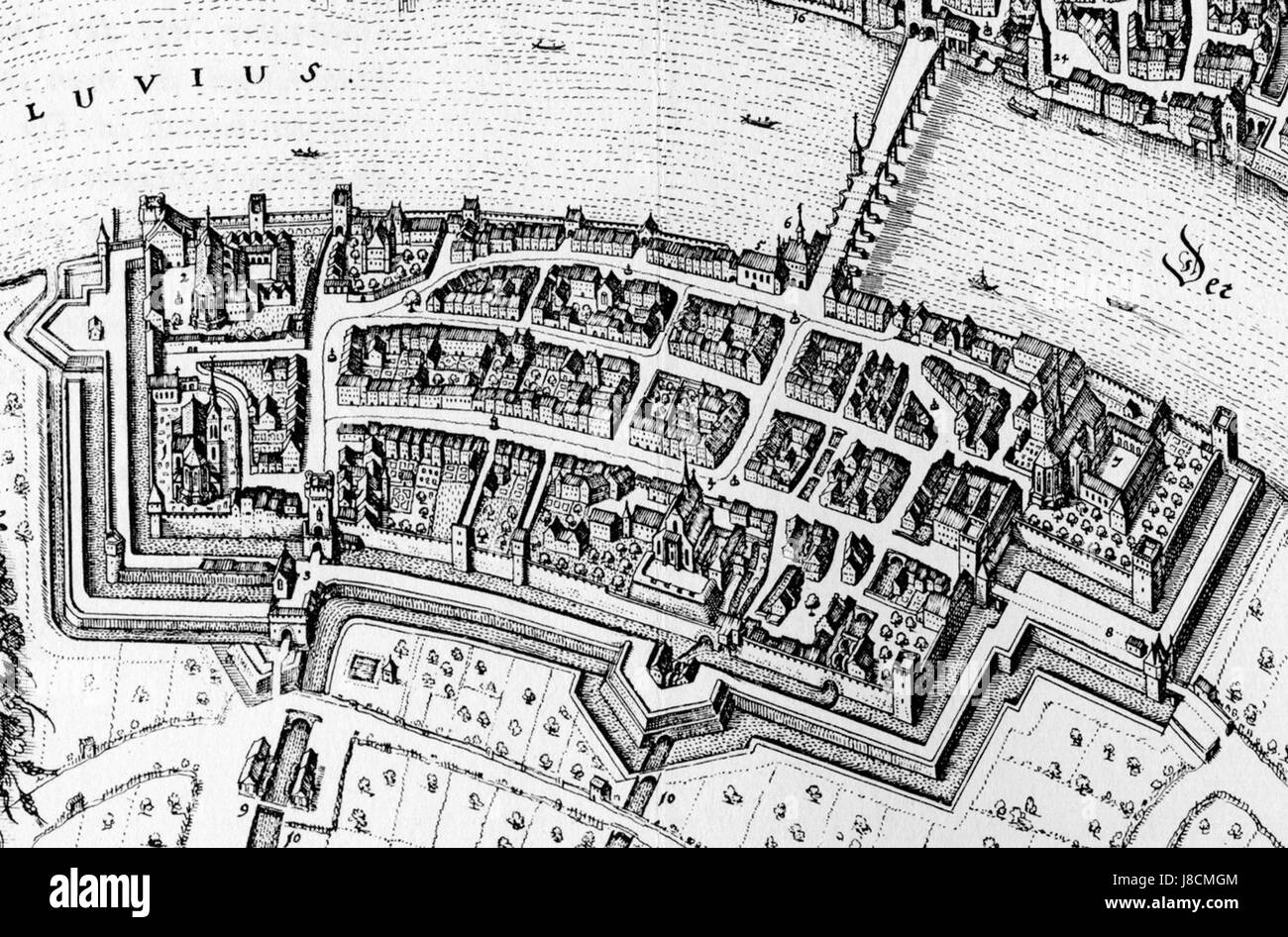 Merianâ Darstellung von Kleinbasel aus dem Jahr 1642 zeigt einen historischen Blick auf den Basler Stadtteil in der Frühen Neuzeit. Die Karte erfasst architektonische und urbane Merkmale der Gegend und bietet einen Einblick in die damalige Entwicklung. Stockfoto
