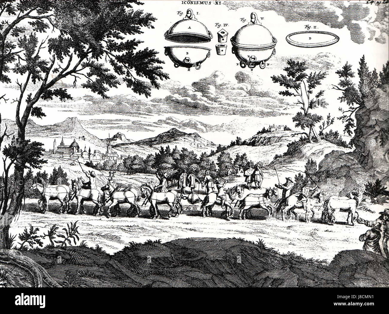 Die Magdeburger Halbkugeln sind ein berühmtes historisches Experiment, das Otto von Guericke 1654 durchgeführt hat. Es zeigte die Kraft des atmosphärischen Drucks, als zwei halbkugelförmige Schalen, die einmal aus der Luft evakuiert wurden, nicht von Pferdeverbänden getrennt werden konnten. Stockfoto