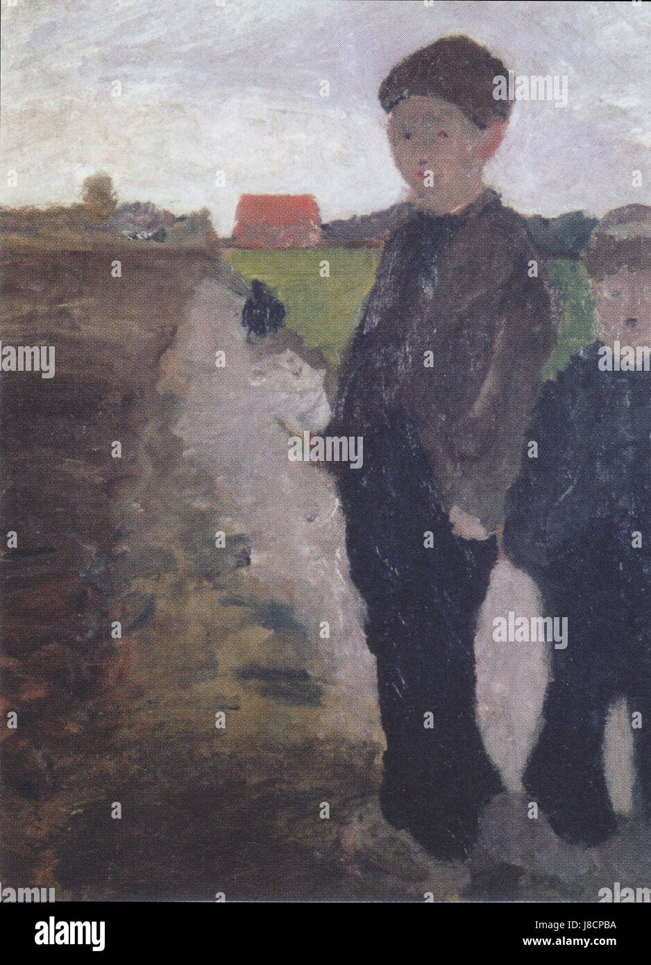 „Zwei Jungen am Moorkanal“ von Modersohn Becker, gemalt 1900, zeigt zwei Jungen an einem Kanal. Das Kunstwerk spiegelt den deutschen Realismus und die Landschaftskunst des frühen 20. Jahrhunderts wider und fängt Jugend und Natur ein. Stockfoto