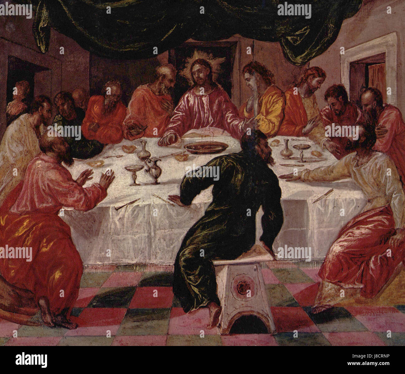 Dieses Kunstwerk wird El Greco zugeschrieben, einem berühmten spanischen Renaissance-Maler. Sein Stil zeichnet sich durch langgezogene Figuren und dramatische Farbgebungen aus, die typisch für seine späten Werke sind. Stockfoto