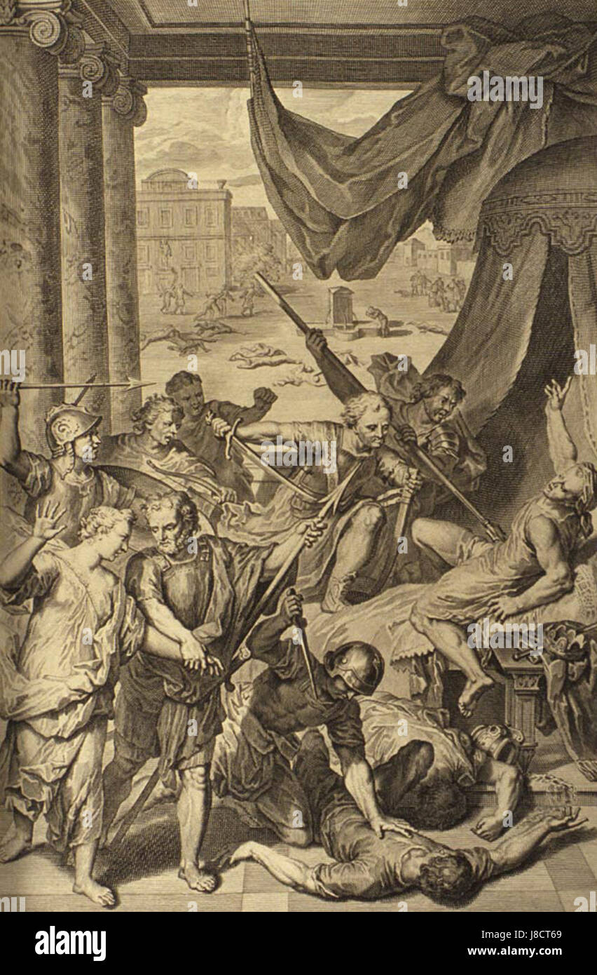 Die biblische Erzählung von Simeon und Levi, zwei der zwölf Söhne Jakobs, beinhaltet die Ermordung der Sichemiten als Vergeltung für die Verunreinigung ihrer Schwester Dinah. Dieses Ereignis wird im Buch Genesis beschrieben und beleuchtet Themen der Gerechtigkeit und Rache in der alten Erzählung. Stockfoto