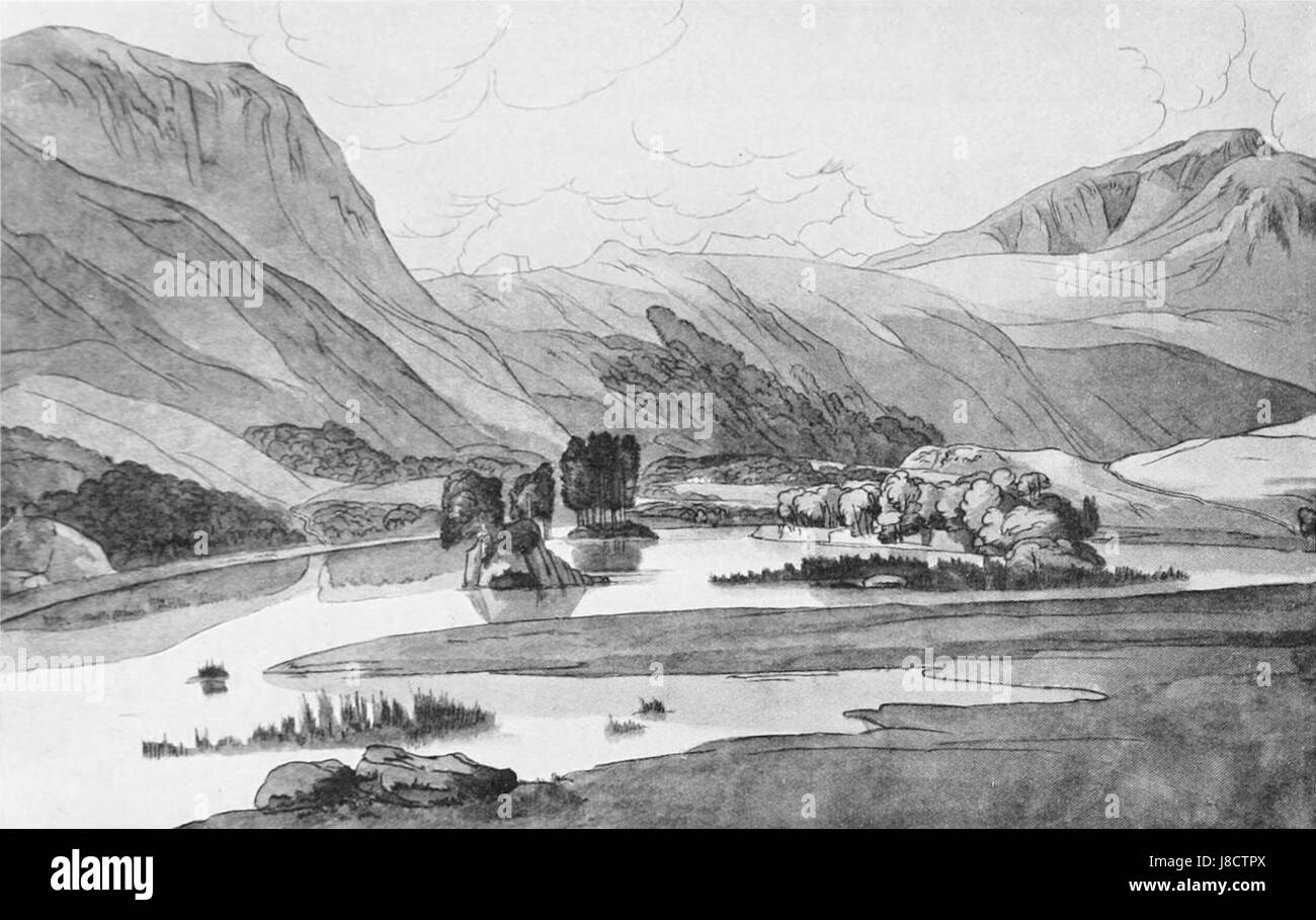 Francis Townes Gemälde „Lac et montagnes“ zeigt eine ruhige Landschaft mit einem See und Bergen. Towne war bekannt für seine Aquarelllandschaften, die die Schönheit der Natur mit einem Schwerpunkt auf Licht und Atmosphäre einfangen. Stockfoto