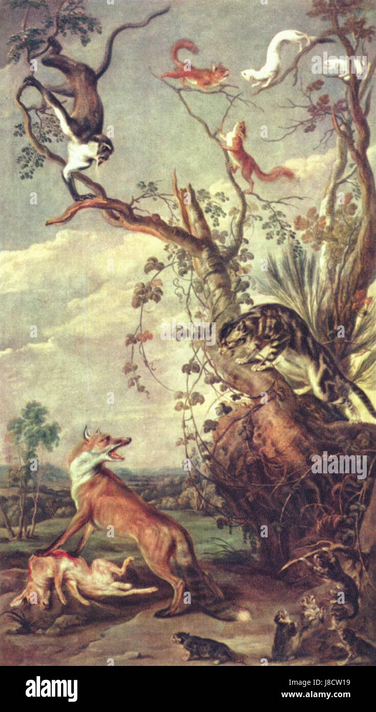 Frans Snyders war ein bekannter flämischer Barockmaler, der für seine Stillleben und Jagdszenen bekannt war. Seine detaillierten Arbeiten enthielten häufig Spiel, Fisch und verschiedene Tiere in ausgeklügelten Kompositionen. Stockfoto