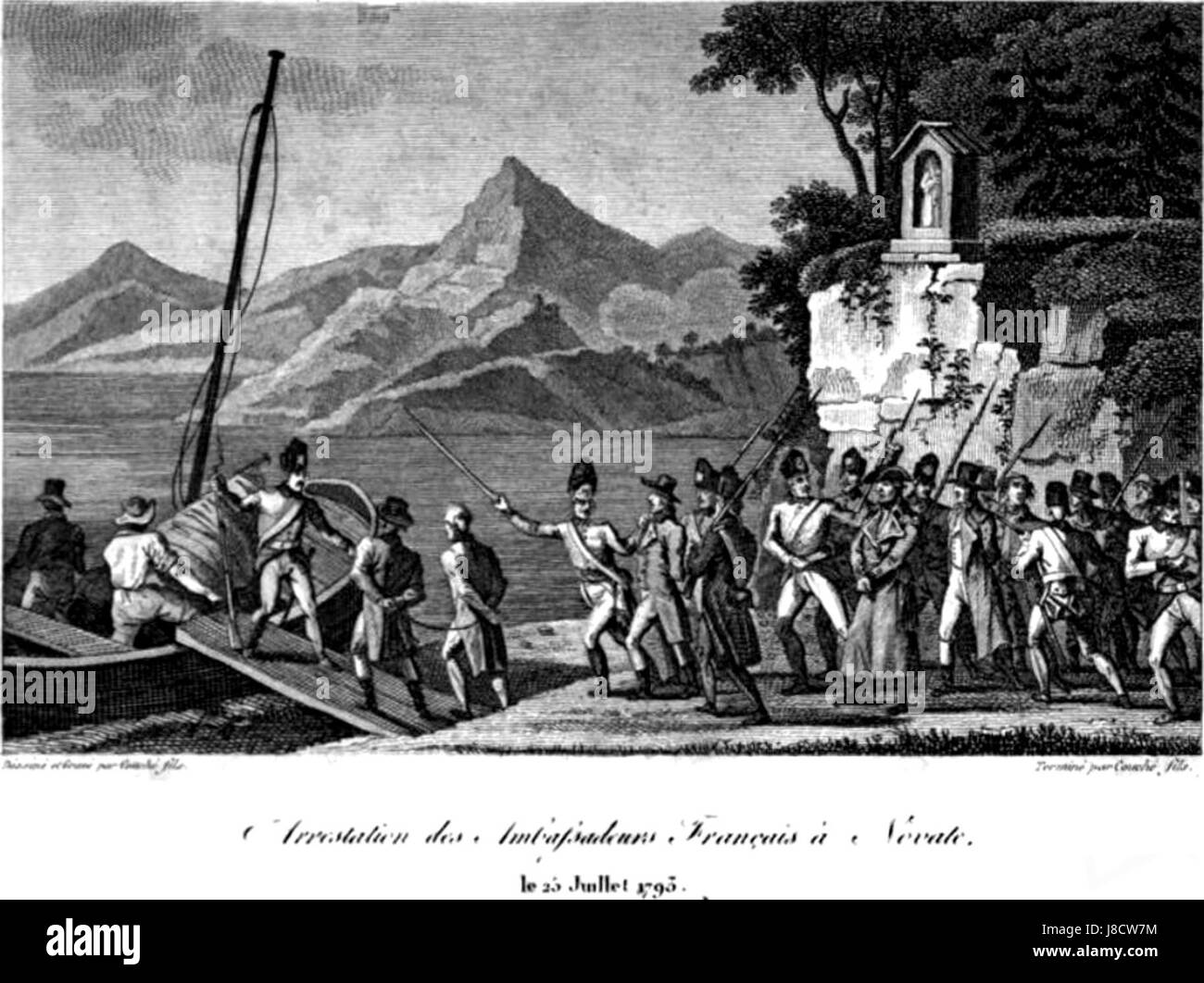 Bei diesem historischen Ereignis handelt es sich um die Verhaftung französischer Botschafter in Novate, die wahrscheinlich auf einen diplomatischen Vorfall hinweisen. Solche Ereignisse verdeutlichen die politischen Spannungen und die internationalen Beziehungen zwischen Frankreich und anderen staaten und unterstreichen die Rolle der Botschafter in der Diplomatie. Stockfoto