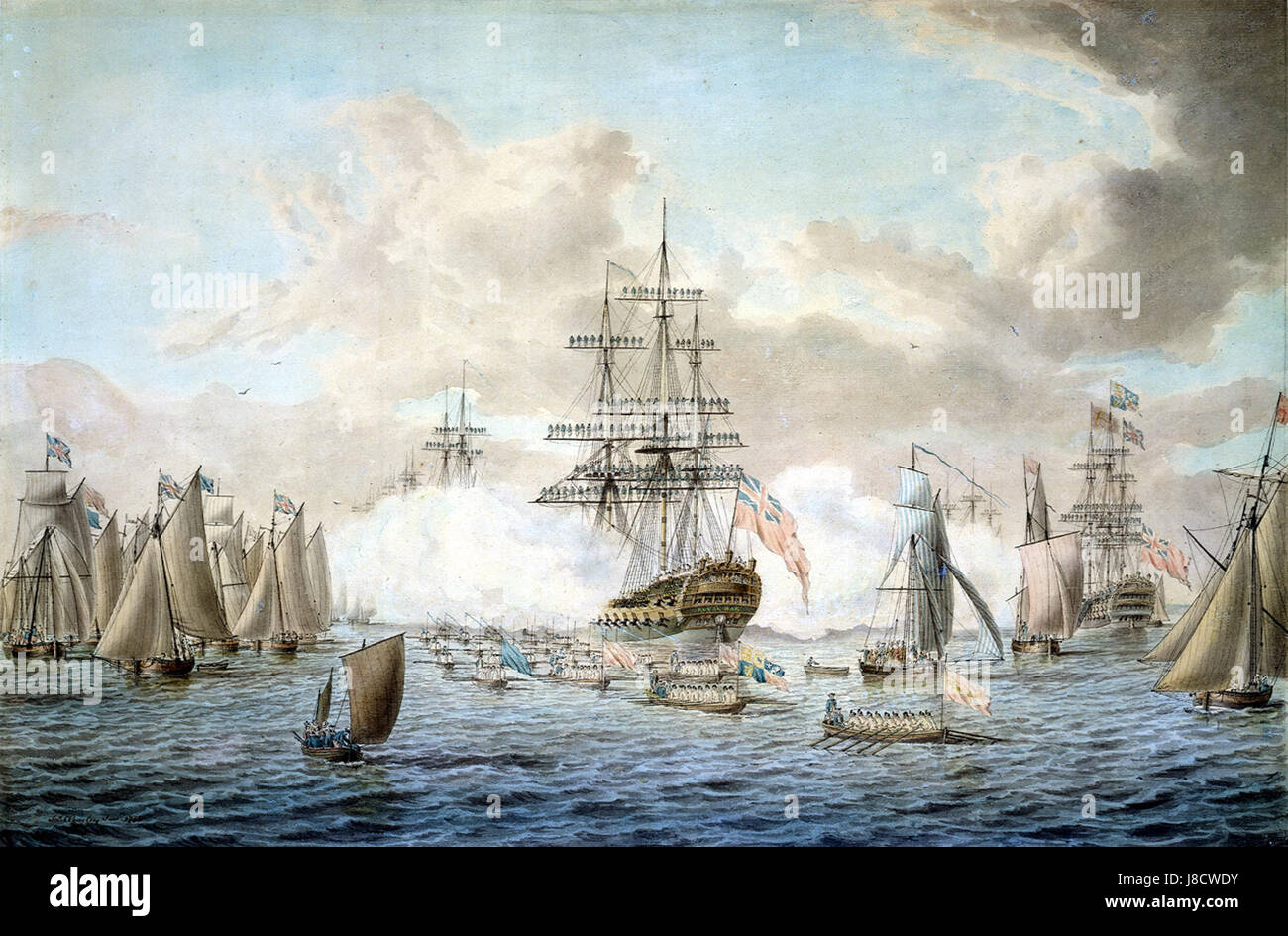 Diese historische Szene zeigt König Georg III., wie er die britische Flotte in Spithead, einem großen Ereignis im Jahr 1773, untersucht, welches die Beteiligung des Königs an Marineangelegenheiten und die Macht der britischen Marine im 18. Jahrhundert zeigt. Stockfoto