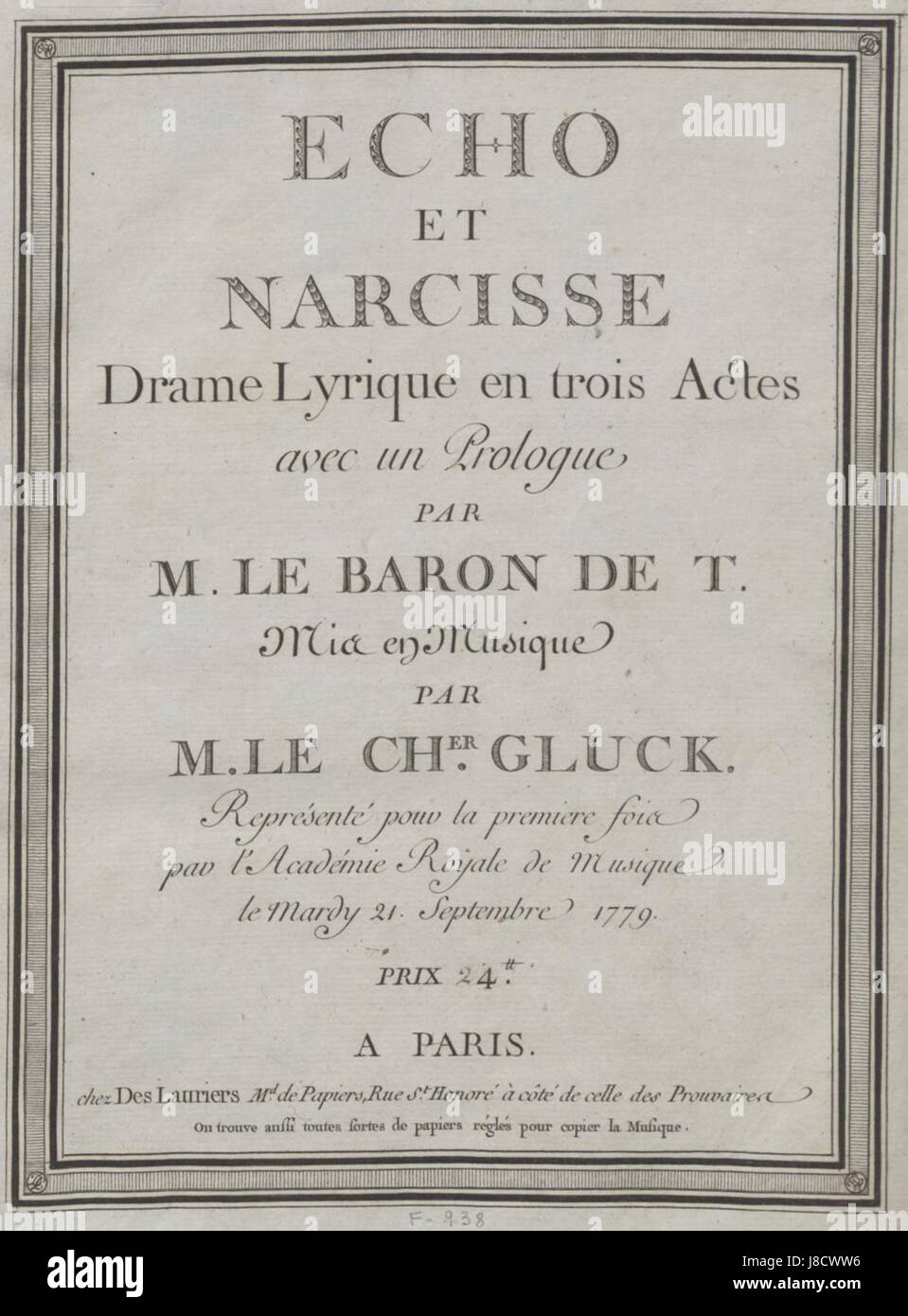 Diese Coverillustration für Glucks Oper „Echo et Narcisse“ fängt die mythologischen Themen der Liebe, Tragödie und Transformation aus der antiken griechischen Geschichte von Narcissus und Echo ein. Stockfoto Diese Coverillustration für Glucks Oper „Echo et Narcisse“ fängt die mythologischen Themen der Liebe, Tragödie und Transformation aus der antiken griechischen Geschichte von Narcissus und Echo ein. Stockfoto