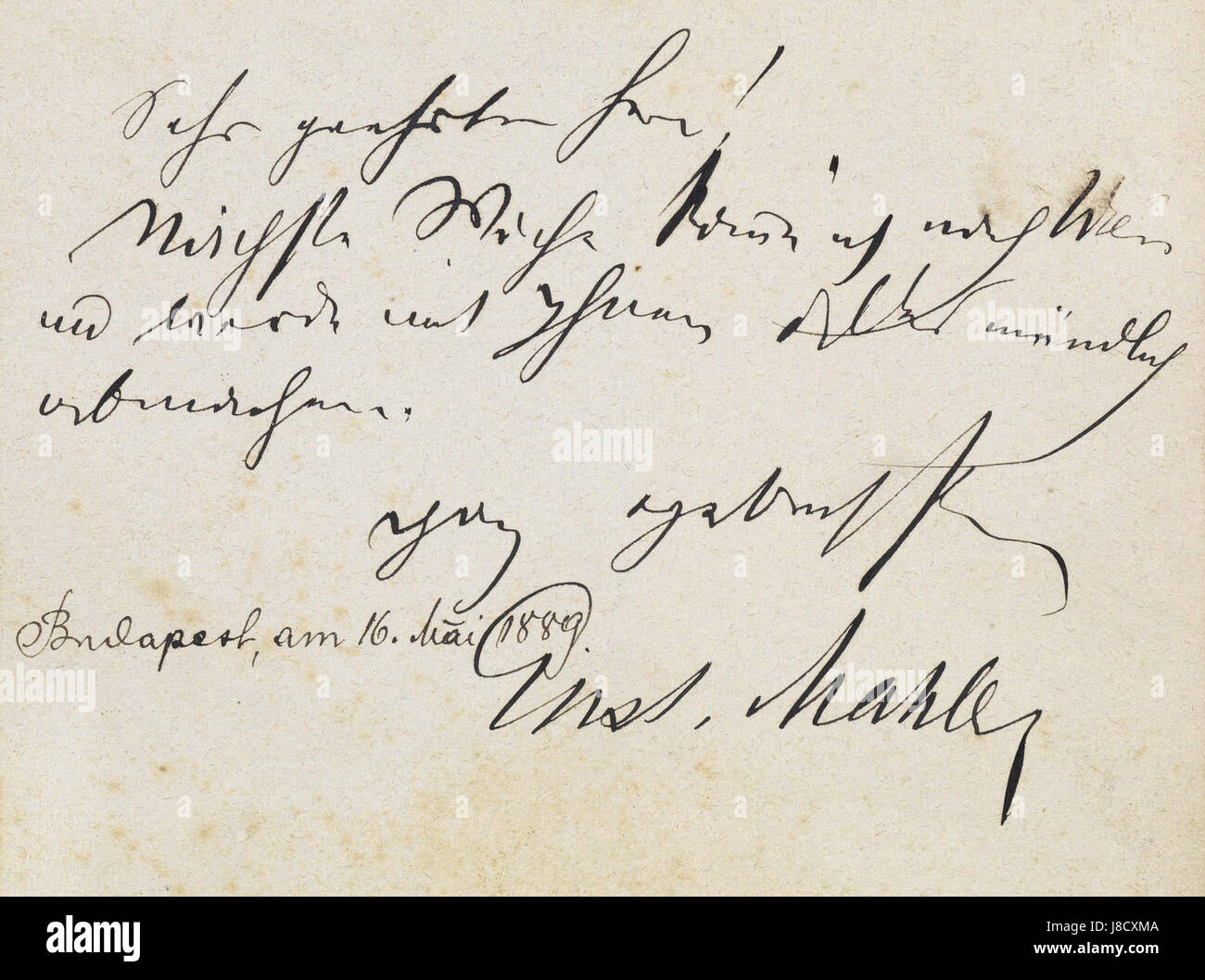 Die Gustav Mahler Briefkarte vom 16. Mai 1889 ist ein historisches Dokument des renommierten österreichischen Komponisten. Die Postkarte gibt einen Einblick in Mahlers persönliches Leben und Korrespondenz während seiner Zeit in Wien und gibt Einblicke in die Beziehungen und täglichen Aktivitäten des Komponisten. Stockfoto