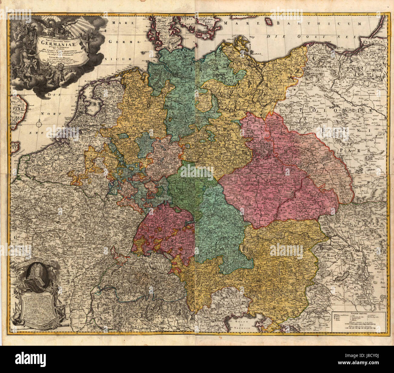 Der Ausdruck "Deutsch in zehn Kreisen geteilt" bezieht sich wahrscheinlich auf einen historischen oder politischen Kontext, in dem Deutschland in zehn unterschiedliche Regionen oder Sektoren aufgeteilt wurde. Weitere Informationen würden den genauen Verweis und seine historische oder politische Bedeutung klären. Stockfoto