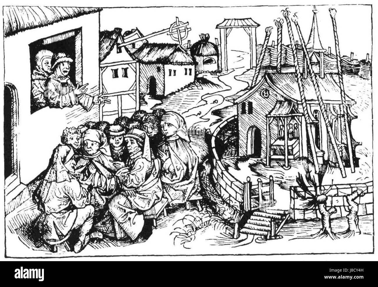 Diese Illustration aus der Schedelschen Weltchronik zeigt Hans Boehm Pfeifer von Niklashausen, eine bemerkenswerte Figur der mittelalterlichen deutschen Geschichte. Das Bild ist Teil eines historischen Manuskripts, das eine visuelle Aufzeichnung wichtiger Persönlichkeiten aus dieser Zeit liefert. Stockfoto