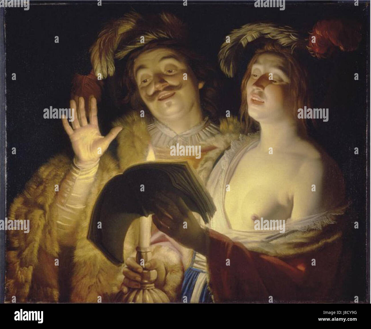 Das Duett von Gerrit van Honthorst, gemalt 1624, ist ein barockes Meisterwerk, das eine musikalische Darbietung darstellt. Das Werk ist bekannt für seine dramatische Verwendung von Licht und die detaillierte Darstellung von Figuren, gemeinsame Merkmale der Barockzeit. Stockfoto