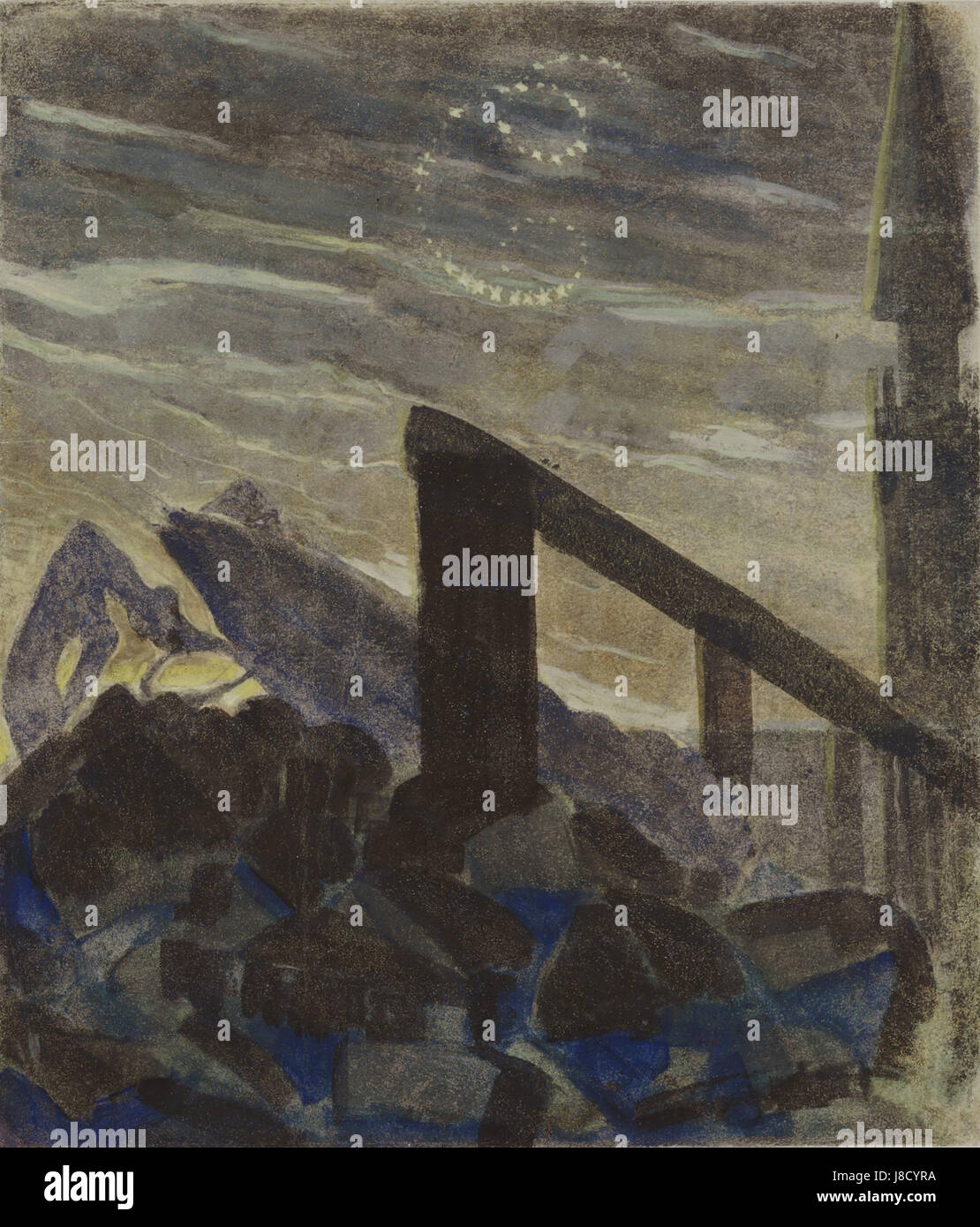 Dieses Gemälde des litauischen Künstlers Mikalojus Konstantinas Ciurlionis aus dem Jahr 1906 zeigt das himmlische Ereignis der Sonne, die durch das Zeichen des Krebses geht, und verbindet Symbolismus und Kunst. Stockfoto