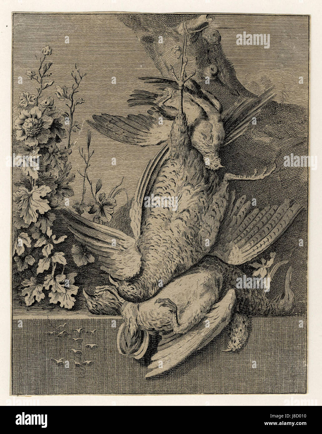 Dieses Stillleben aus dem 18. Jahrhundert mit dem Titel „Jagdstilleben“ zeigt eine Jagdszene mit Wildtieren und Trophäen, die den Stil der Jagdstille veranschaulicht, der in dieser Zeit beliebt war. Stockfoto