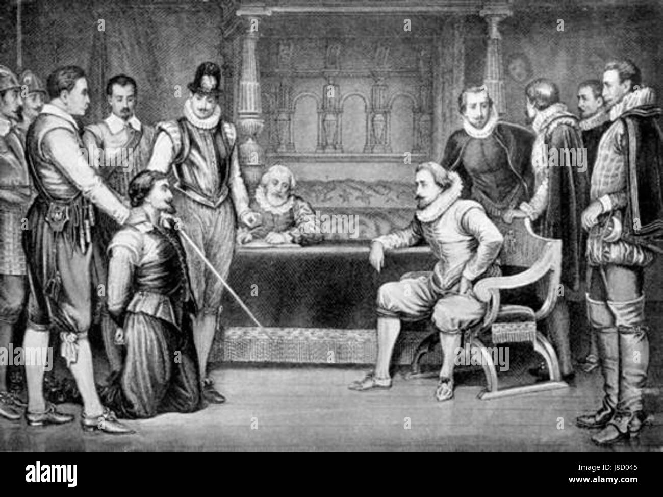 James I. von England verhörte Guy Fawkes 1605 nach dem gescheiterten Gunpowder Plot, wo Fawkes beabsichtigte, den König zu ermorden und das House of Lords in die Luft zu jagen. Fawkesâ€™ Verhöre waren entscheidend für die Aufdeckung der Verschwörung. Stockfoto