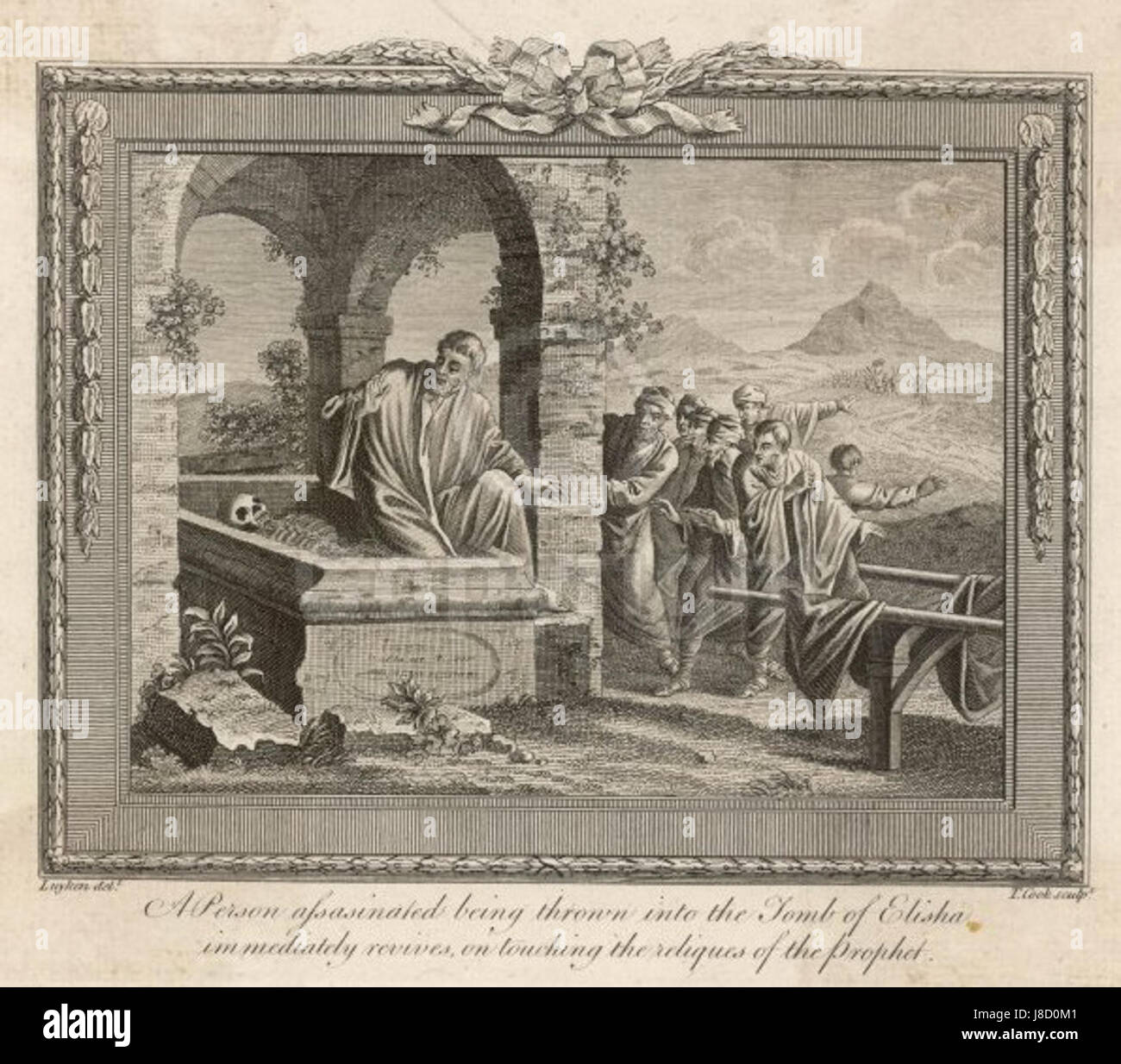 Der Stich von Jan Luyken aus dem Jahr 1770 zeigt das Grab von Elisa, eine biblische Stätte, die mit dem Propheten Elisa assoziiert ist. Das Kunstwerk spiegelt das Interesse des 18. Jahrhunderts an biblischer Geschichte und religiöser Ikonographie wider. Stockfoto