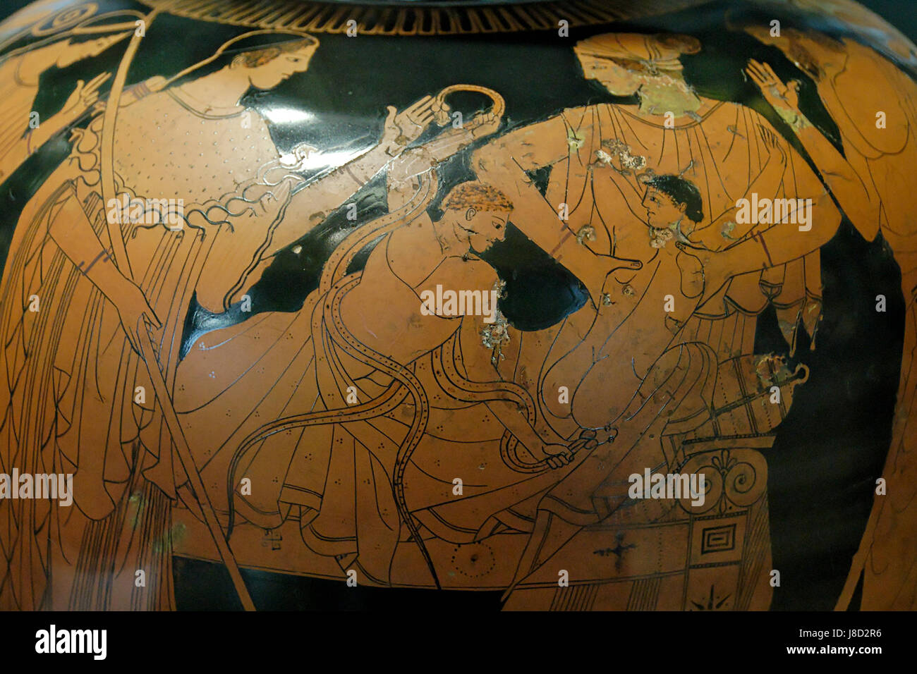 Dies bezieht sich auf die berühmte Darstellung von Herakles (Herkules) erwürgenden Schlangen, eine bekannte mythologische Szene, die im Louvre unter Katalognummer G192 untergebracht ist. Er zeigt die Stärke und legendäre Meisterleistungen der heroâ. Stockfoto