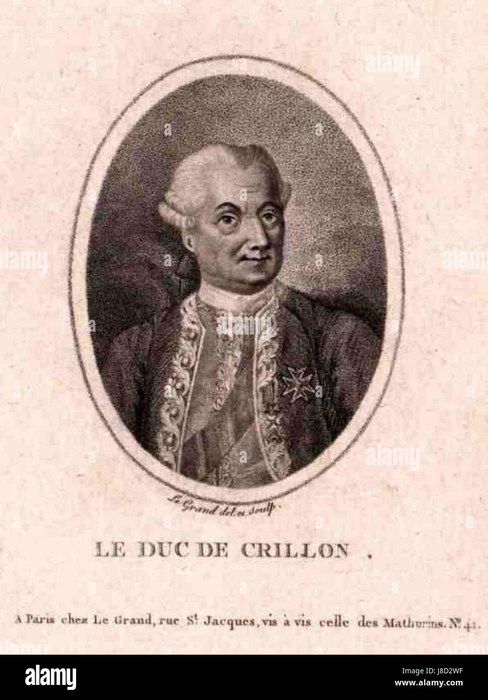 Le Duc de Crillon war ein französischer Adliger und Offizier, bekannt für seine Beteiligung an der französischen Armee im 18. Jahrhundert, insbesondere für seine Dienste während des Amerikanischen Unabhängigkeitskrieges und seine Verteidigung der französischen Königsfamilie. Stockfoto
