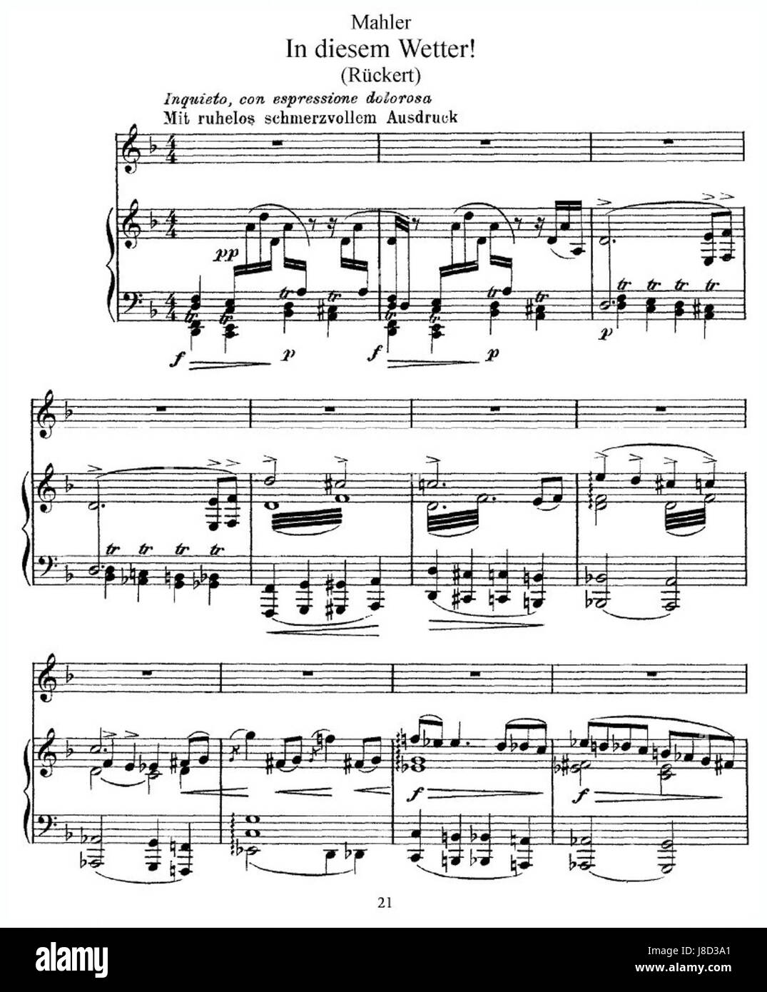 Ein Verweis auf Gustav Mahlers Kindertotenlieder, ein Liedzyklus, der 1904–1905 komponiert wurde, wobei die Zahl 217990 möglicherweise eine Katalogisierungs- oder Referenznummer angibt. Stockfoto