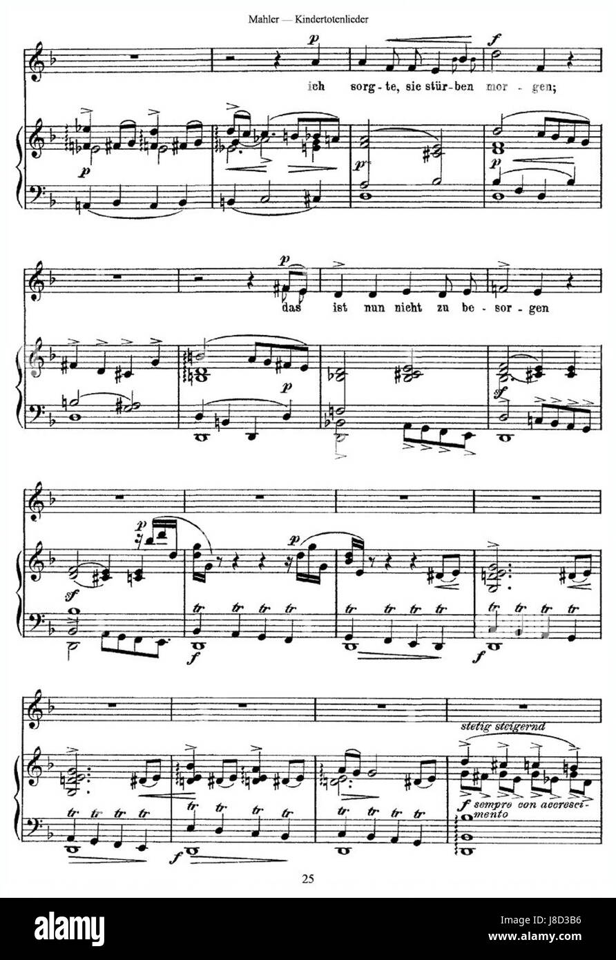 Mahlerâ Kindertotenlieder, OP. 25, ist ein Liedzyklus von Gustav Mahler. Es reflektiert Themen der Trauer und Trauer, inspiriert von den Gedichten des Dichters Friedrich RÃ¼ckertâ über den Verlust von Kindern. Stockfoto