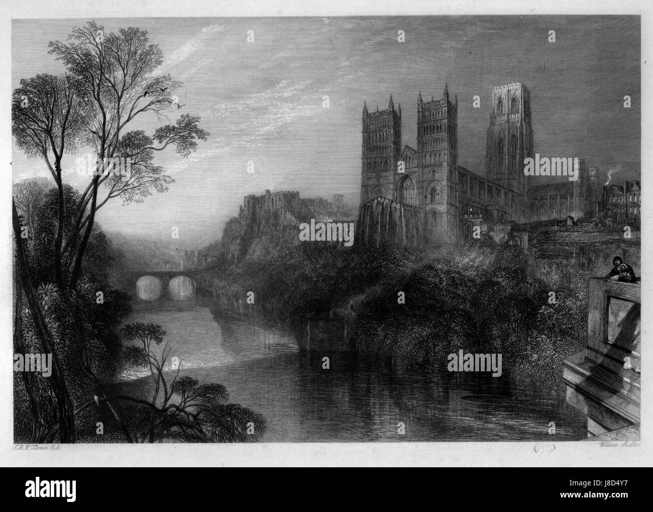 Dieser von William Miller geschaffene Kupferstich basiert auf einem Kunstwerk von J.M.W. Turner. Es zeigt die Stadt Durham und zeigt die berühmten Wahrzeichen und die Landschaft in einem detaillierten und künstlerischen Stil. Stockfoto
