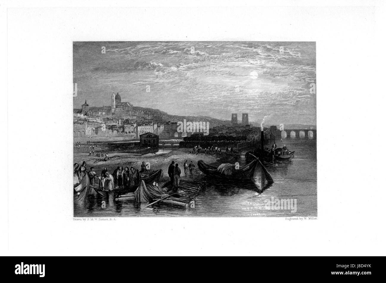 Der Melun-Stich von William Miller ist eine Reproduktion eines Gemäldes von J.M.W. Turner. Es stellt einen Schlüsselmoment in der englischen Kunstszene des 19. Jahrhunderts dar und zeigt Turners Einfluss auf die Landschaftsmalerei und die Entwicklung der britischen Kunst. Stockfoto
