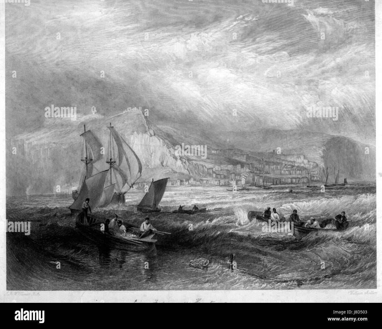 Diese Gravur zeigt eine Szene zum Angeln vor Hastings, in der die Fischeraktivitäten entlang der britischen Küste festgehalten werden. Das Werk wurde von William Miller entworfen und basiert auf einem Gemälde von J.M.W. Turner und betont die natürliche Schönheit der englischen Küste. Stockfoto