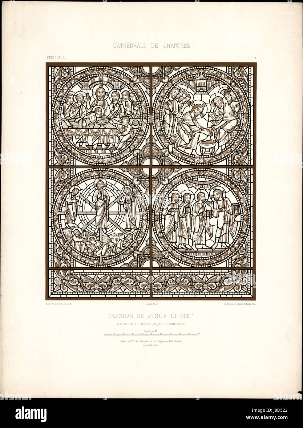 Die „Monografie de la Cathedrale de Chartres“ ist eine detaillierte Studie der Kathedrale von Chartres, die sich auf die Buntglasfenster konzentriert, die die Passion Jesu Christi darstellen. Das Werk ist Teil eines atlas, der die architektonischen und religiösen Elemente der Kathedrale hervorhebt. Stockfoto
