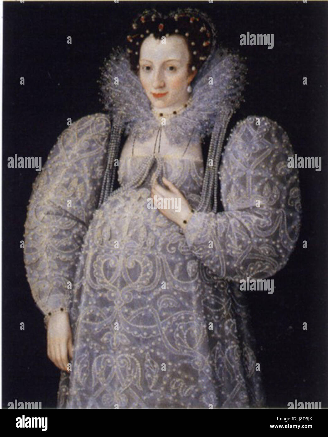 Die „Unbekannte Dame“ um 1595 ist ein Porträt aus der Spätrenaissance, das wahrscheinlich eine Adlige darstellt. Das Kunstwerk zeichnet sich durch seine detaillierte Mode und Darstellung aristokratischer Kleidung aus, die typisch für diese Zeit ist. Stockfoto