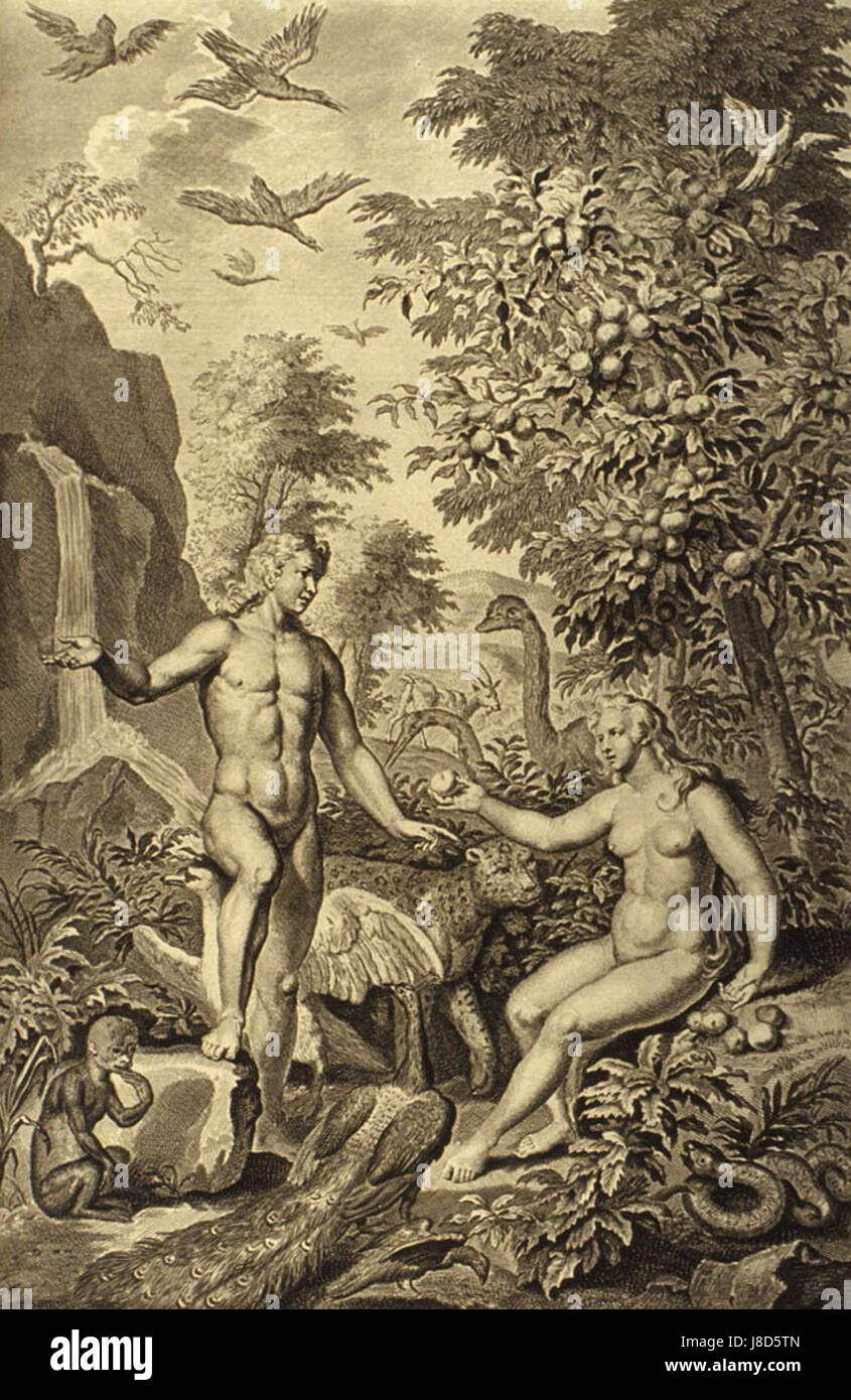 Diese Abbildung zeigt die biblische Szene, in der Eva Adam die Frucht vom Baum der Erkenntnis anbietet, wie im Buch Genesis beschrieben. Die Szene stellt einen entscheidenden Moment in der Geschichte des Sündenfalls der Menschheit dar. Stockfoto