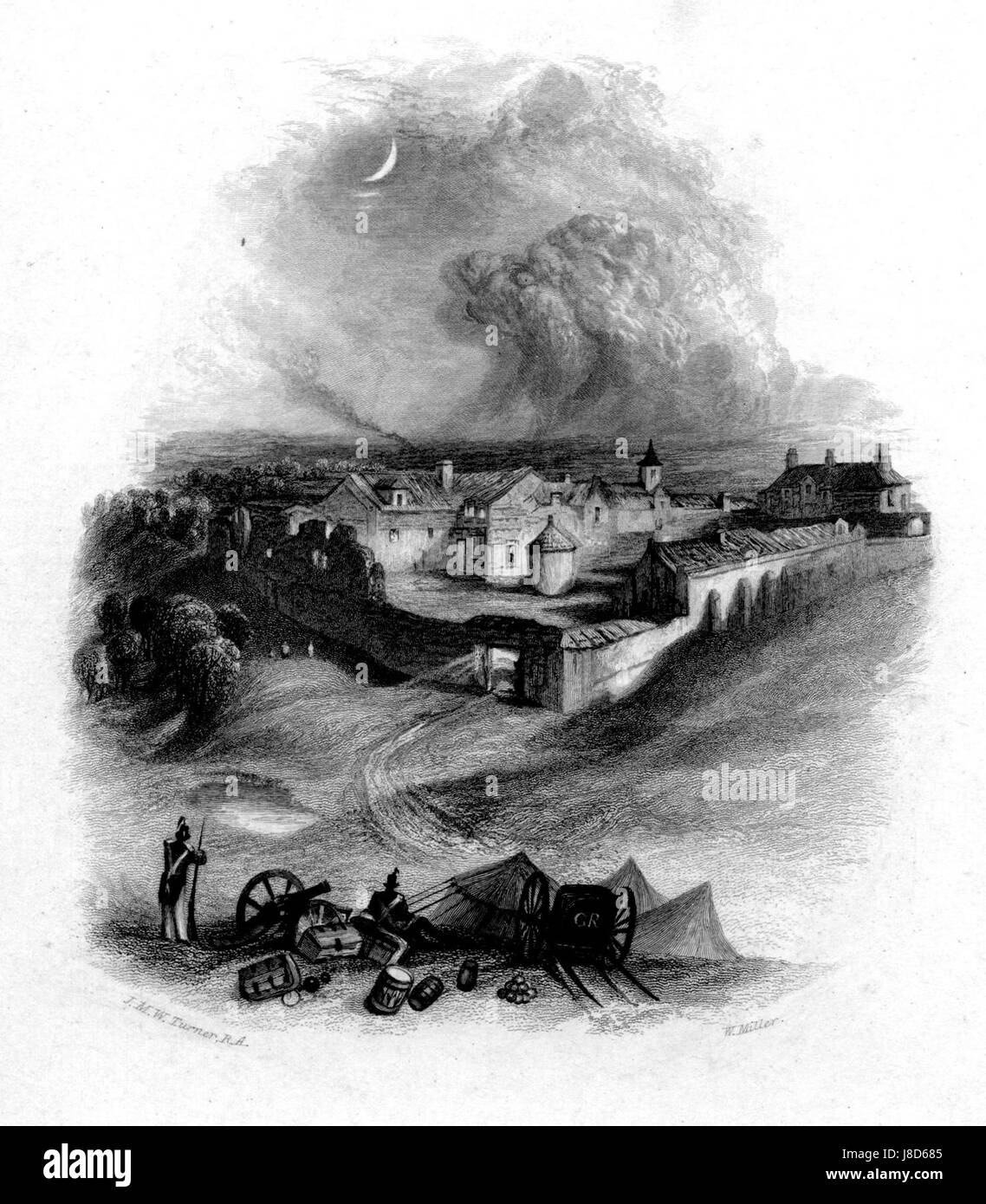 Dieser Stich, der von William Miller nach Turner erstellt wurde, zeigt Hougemont, einen Ort von historischer Bedeutung während der Schlacht von Waterloo. Die Gravur fängt die dramatische Szene mit feinen Details ein. Stockfoto