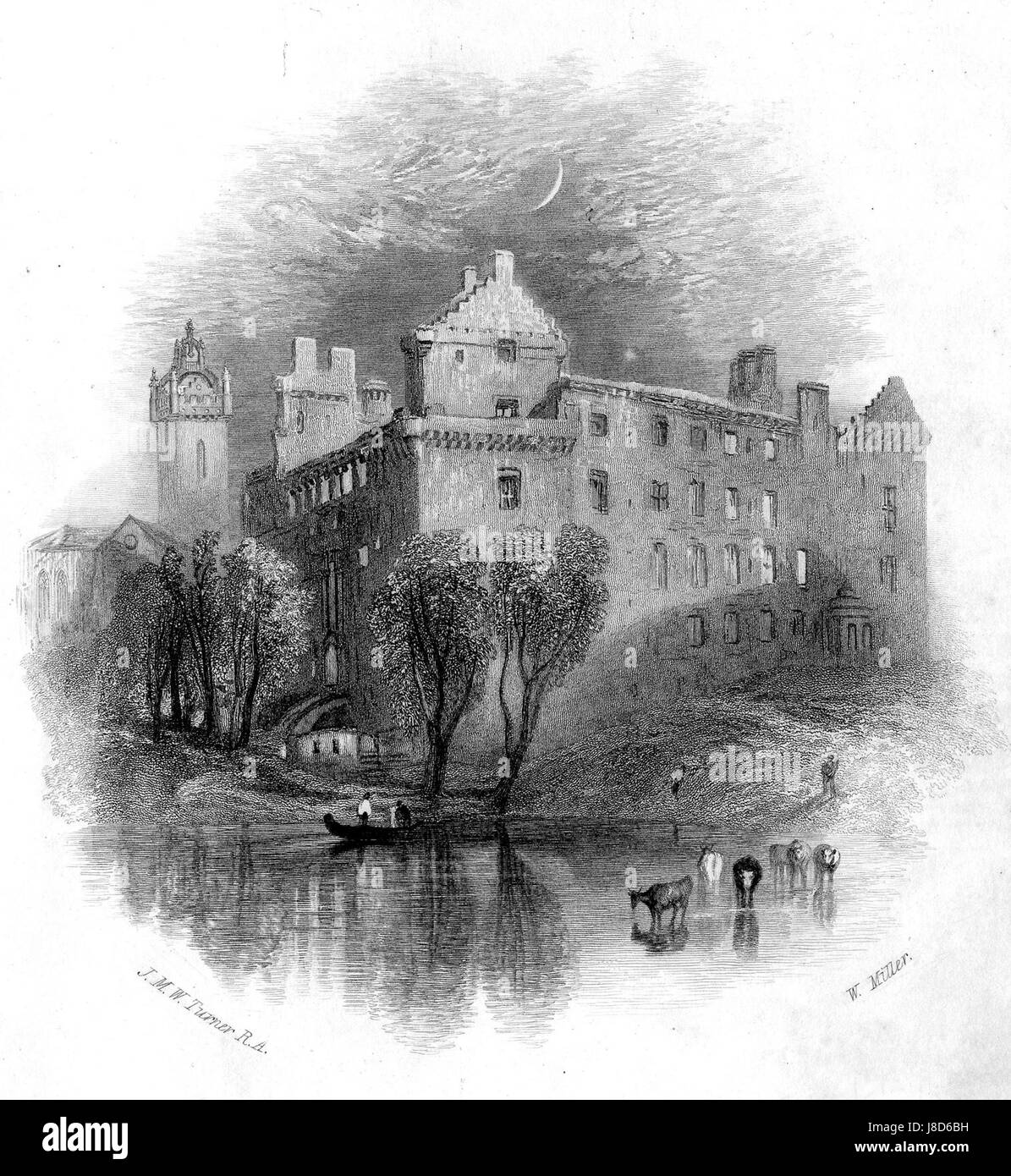 Dieser Kupferstich basiert auf einem Gemälde von J.M.W. Turner und wurde von William Miller hergestellt und zeigt Linlithgow, eine Stadt in Schottland, die für ihre historische Bedeutung und architektonische Schönheit bekannt ist. Stockfoto