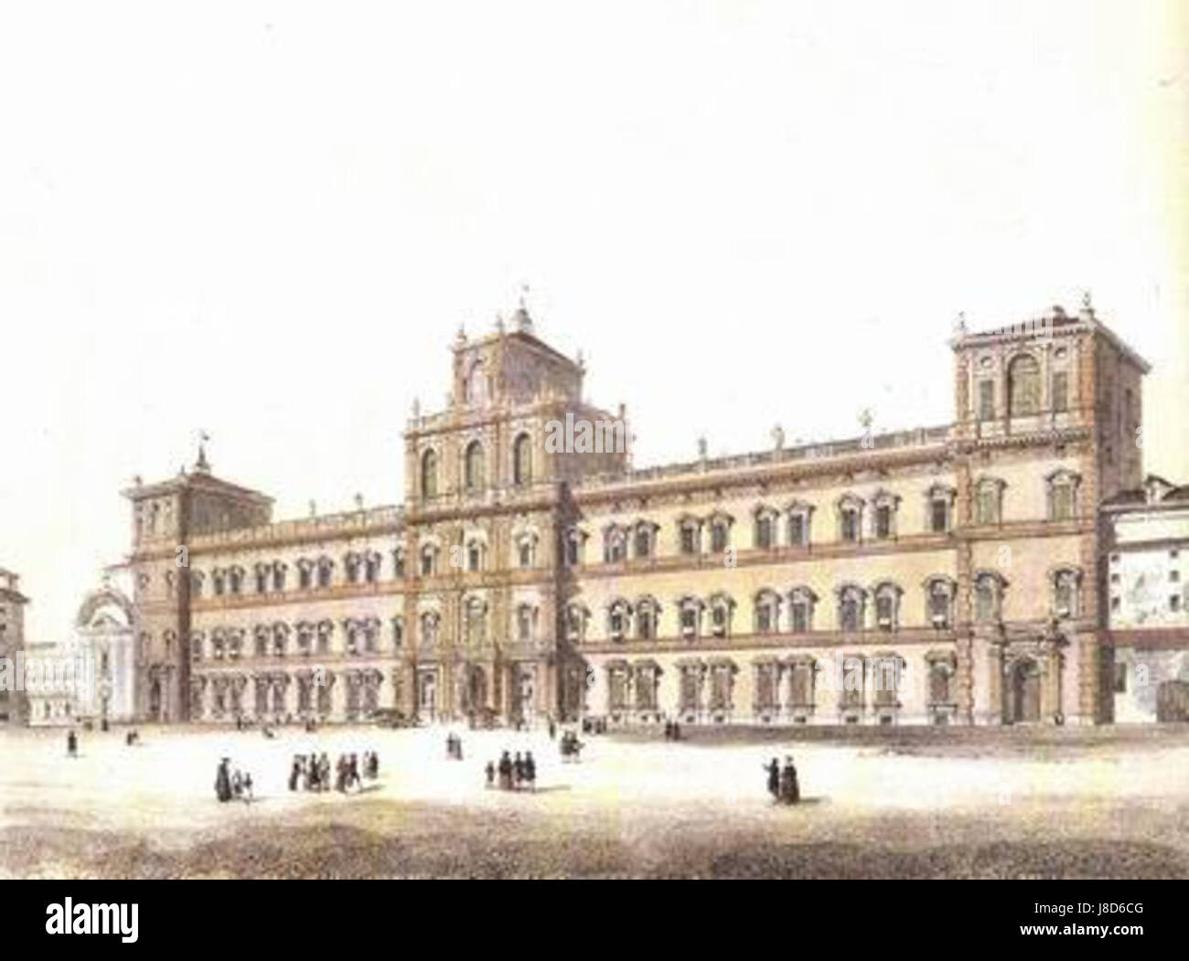 Diese Zeichnung stellt den Herzogspalast in Modena dar und zeigt seine architektonischen Details. Der Palast war historisch die Residenz der Familie Este und hatte Renaissanceelemente. Stockfoto