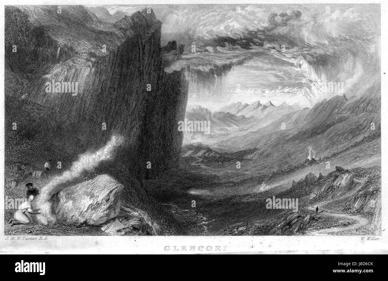 Dieser Kupferstich mit dem Titel „Glencoe“ wurde von William Miller nach dem berühmten Gemälde von J.M.W. Turner erstellt. Es zeigt die dramatische und malerische Landschaft von Glencoe, Schottland, bekannt für seine natürliche Schönheit und historische Bedeutung. Turners Werke werden für ihre eindrucksvolle Darstellung der Natur gefeiert. Stockfoto