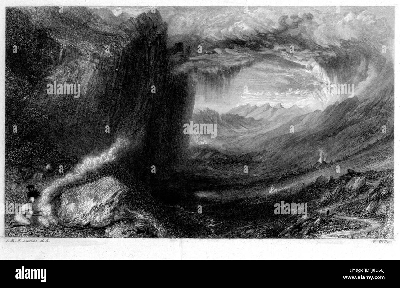 Der Glencoe-Proof-Stich von William Miller nach Turner (R549) ist ein gutes Beispiel für die Druckerei des 19. Jahrhunderts. Es fängt die dramatische schottische Landschaft von Glencoe ein und spiegelt den Stil des Künstlers J.M.W. Turner wider. Stockfoto