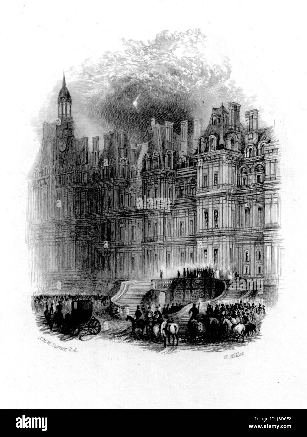 Der Stich „Fontainebleau“ ist eine Reproduktion von William Miller, basierend auf einem Werk des berühmten englischen Malers J.M.W. Turner. Das Stück fängt das Wesen des Fontainebleau-Waldes ein und ist ein gutes Beispiel für Turners Einfluss auf die Landschaftskunst des 19. Jahrhunderts. Stockfoto