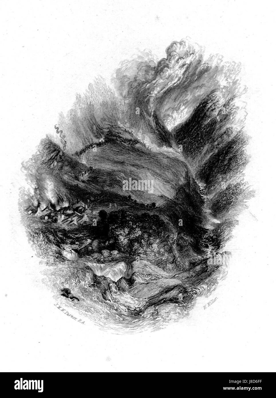 Dieser Gravur von William Miller, basierend auf einem Werk von J. M.W. Turner, zeigt die Schlacht von Killiecrankie, einen bedeutenden militärischen Konflikt in der schottischen Geschichte. Stockfoto