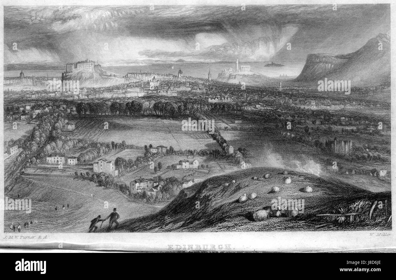 Edinburgh vom Blackford Hill Kupferstich von William Miller nach Turner R505 Stockfoto