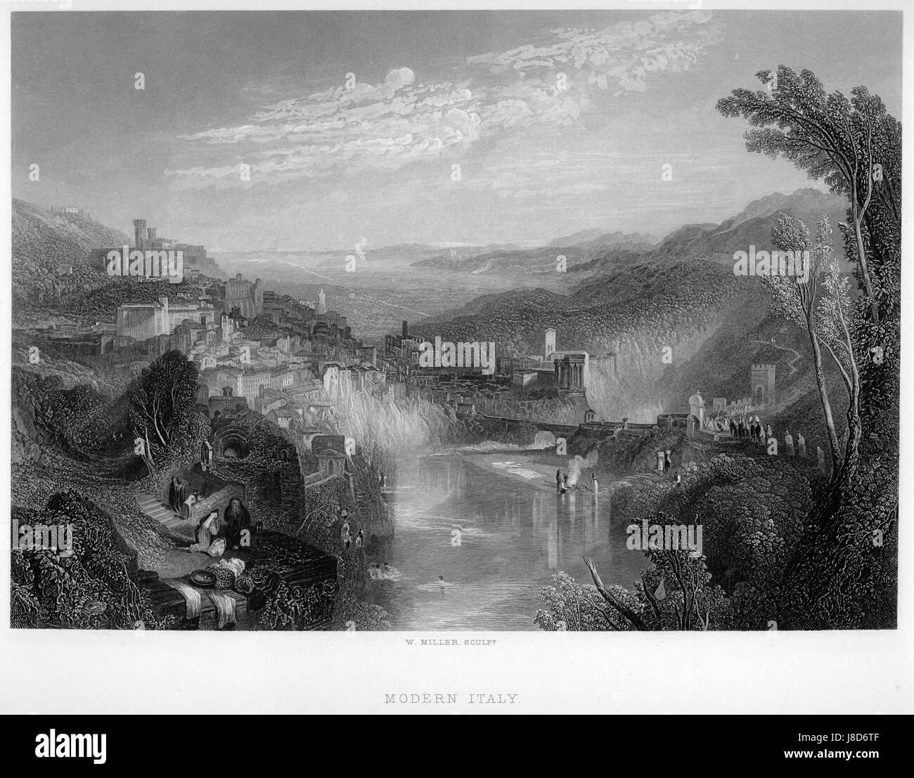Dieser von William Miller nach einem Werk von J. M.W. Turner entstandene Kupferstich zeigt Szenen aus dem modernen Italien. Das Kunstwerk spiegelt die Landschaft und die architektonischen Besonderheiten des Landes während des 19. Jahrhunderts wider und zeigt den künstlerischen Stil und die Techniken Turners. Stockfoto