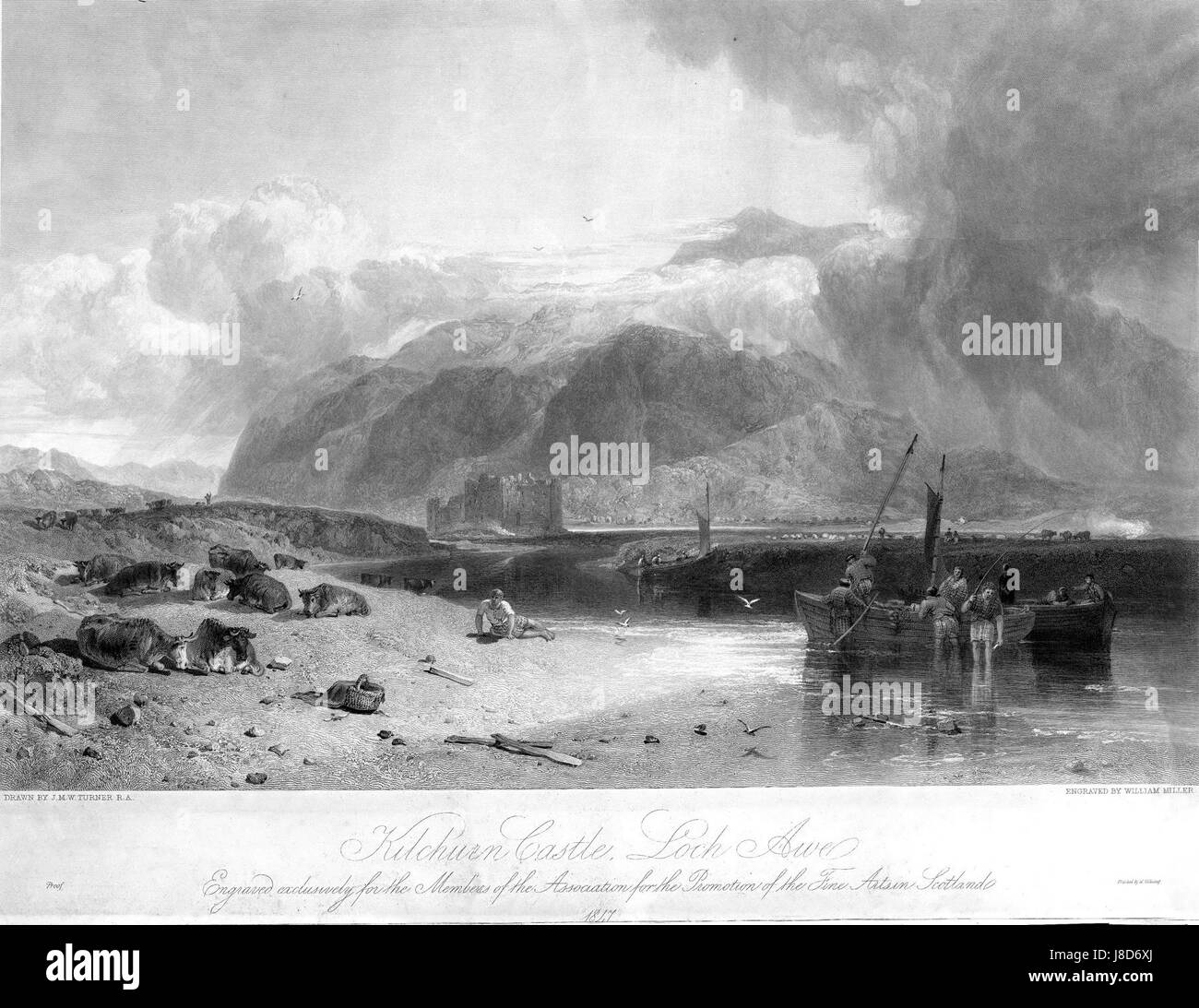 Dieser Kupferstich von William Miller, der auf dem Gemälde von J.M.W. Turner basiert, zeigt Kilchurn Castle am Loch Awe in Schottland. Das Kunstwerk fängt die romantische und dramatische Landschaft der schottischen Highlands ein und zeigt Turnerâ Können bei der Wiedergabe atmosphärischer Effekte. Stockfoto