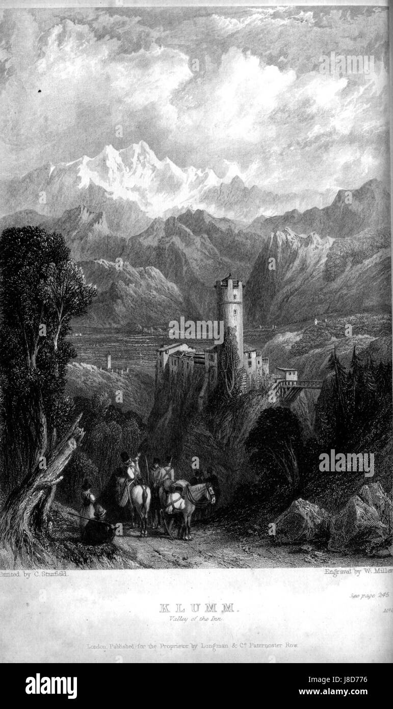 Ein Kupferstich von William Miller, basierend auf dem Werk von Clarkson Stanfield, mit dem Titel *Klumm*. Es zeigt die künstlerischen Techniken englischer Kupferstecher aus dem 19. Jahrhundert und den Landschaftsstil von Stanfield. Stockfoto